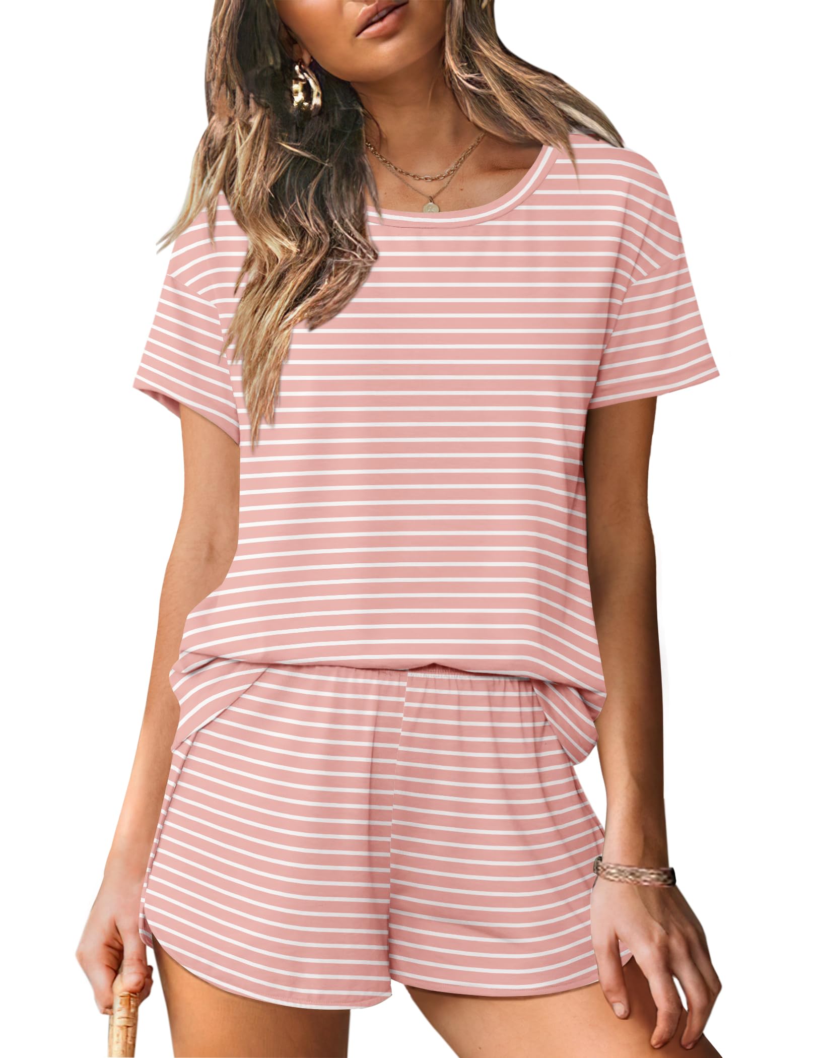 Foto 2 pulgar | Conjunto De Pijama Ekouaer Para Mujer, Cuello Redondo, Manga Corta - Venta Internacional.