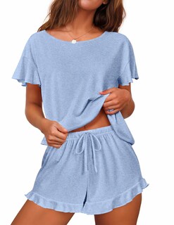 Foto 1 | Conjunto De Pijama Ekouaer Para Mujer Con Mangas Con Volantes Y Pantalones Cortos, Azul - Venta Internacional.