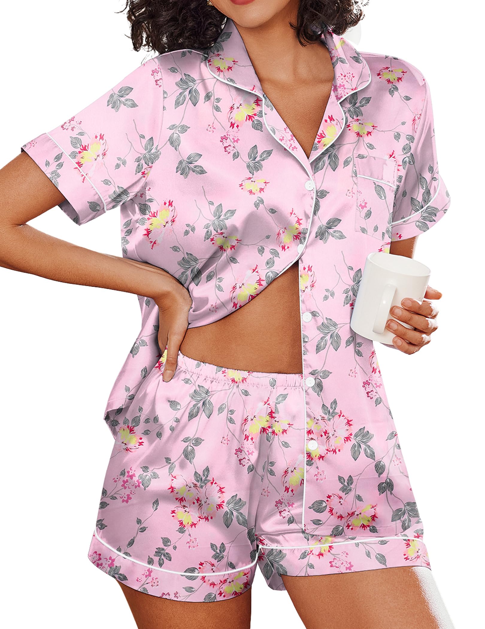 Foto 2 pulgar | Conjunto De Pijama Ekouaer De Satén De Seda Con Botones De Manga Corta Para Mujer Xl - Venta Internacional.