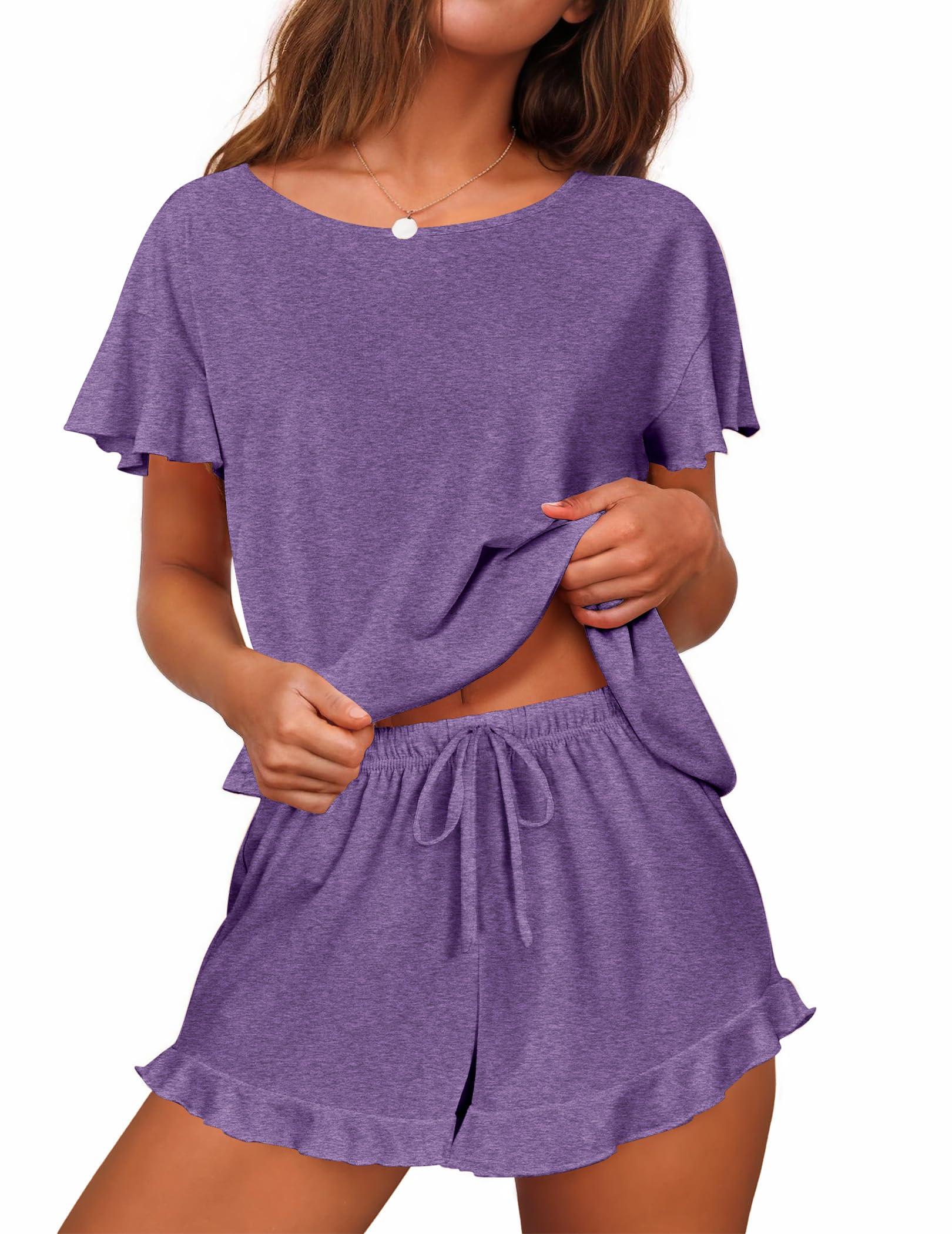 Foto 2 pulgar | Conjunto De Pijama Ekouaer Para Mujer Con Mangas Con Volantes Y Pantalones Cortos, Color Morado - Venta Internacional.