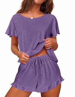 Foto 1 | Conjunto De Pijama Ekouaer Para Mujer Con Mangas Con Volantes Y Pantalones Cortos, Color Morado - Venta Internacional.