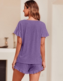 Foto 4 | Conjunto De Pijama Ekouaer Para Mujer Con Mangas Con Volantes Y Pantalones Cortos, Color Morado - Venta Internacional.