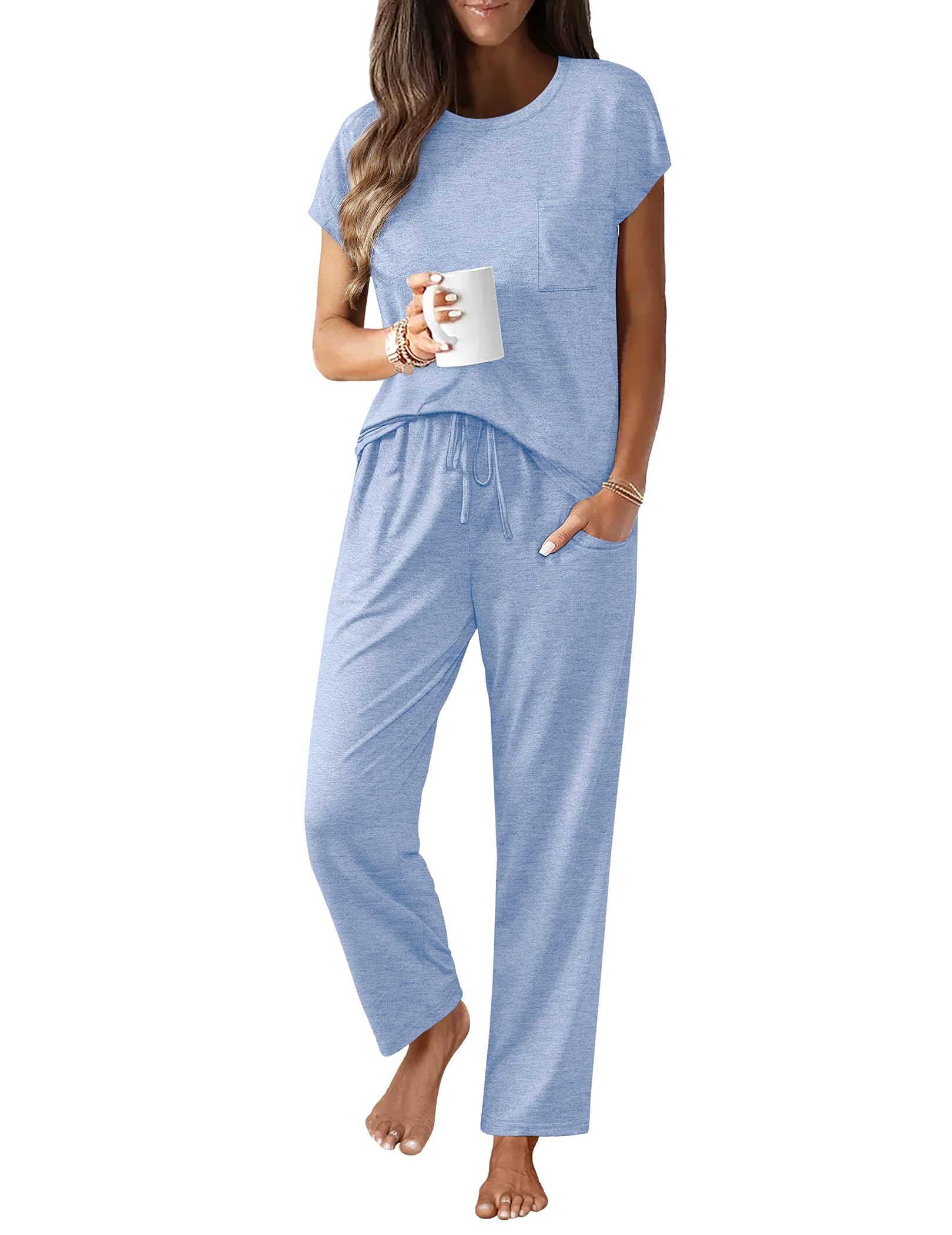 Foto 2 pulgar | Conjunto De Pijama Ekouaer Para Mujer Con Mangas Casquillo Y Bolsillos - Venta Internacional.