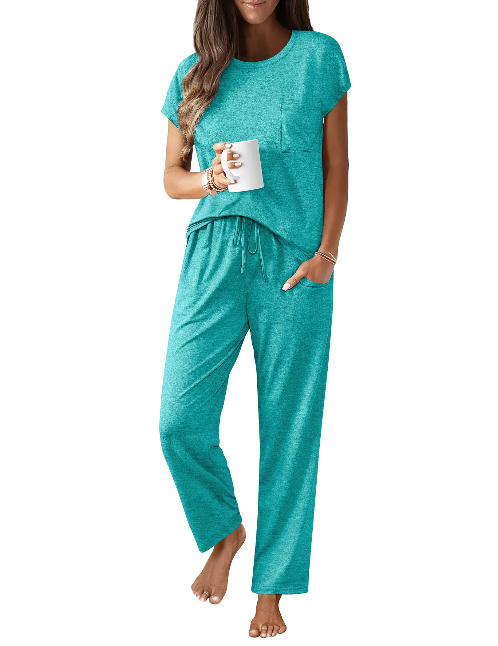 Foto 2 pulgar | Conjunto De Pijama Ekouaer Con Mangas Casquillo, Cerámica, Verde, S-xxl - Venta Internacional.