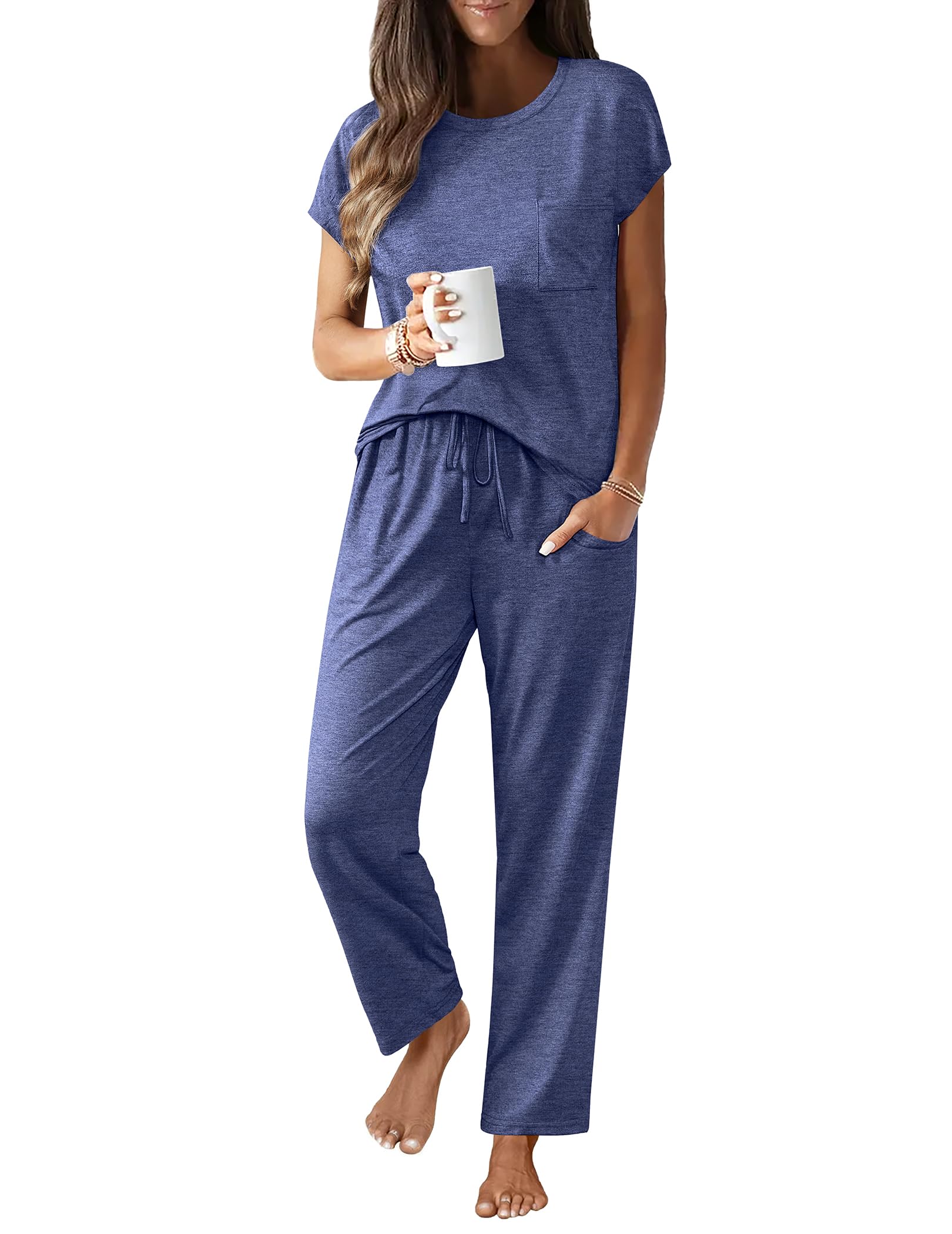 Foto 2 pulgar | Conjunto De Pijama Ekouaer Para Mujer, Manga Corta, Pantalones Largos, Azul Marino - Venta Internacional.