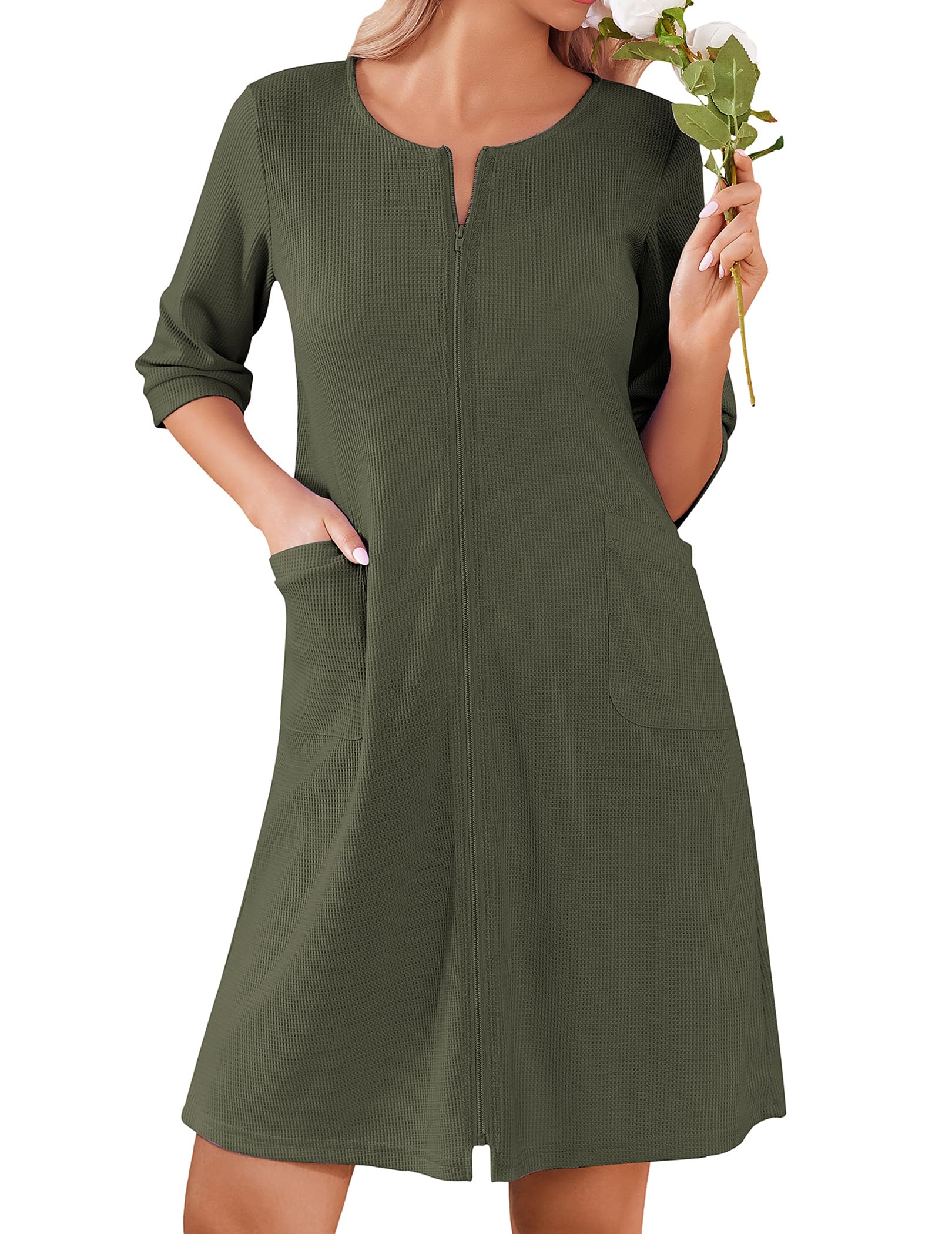 Foto 2 pulgar | Albornoz Robe Ekouaer De Punto Gofrado Con Cremallera Hasta La Rodilla Para Mujer - Venta Internacional.