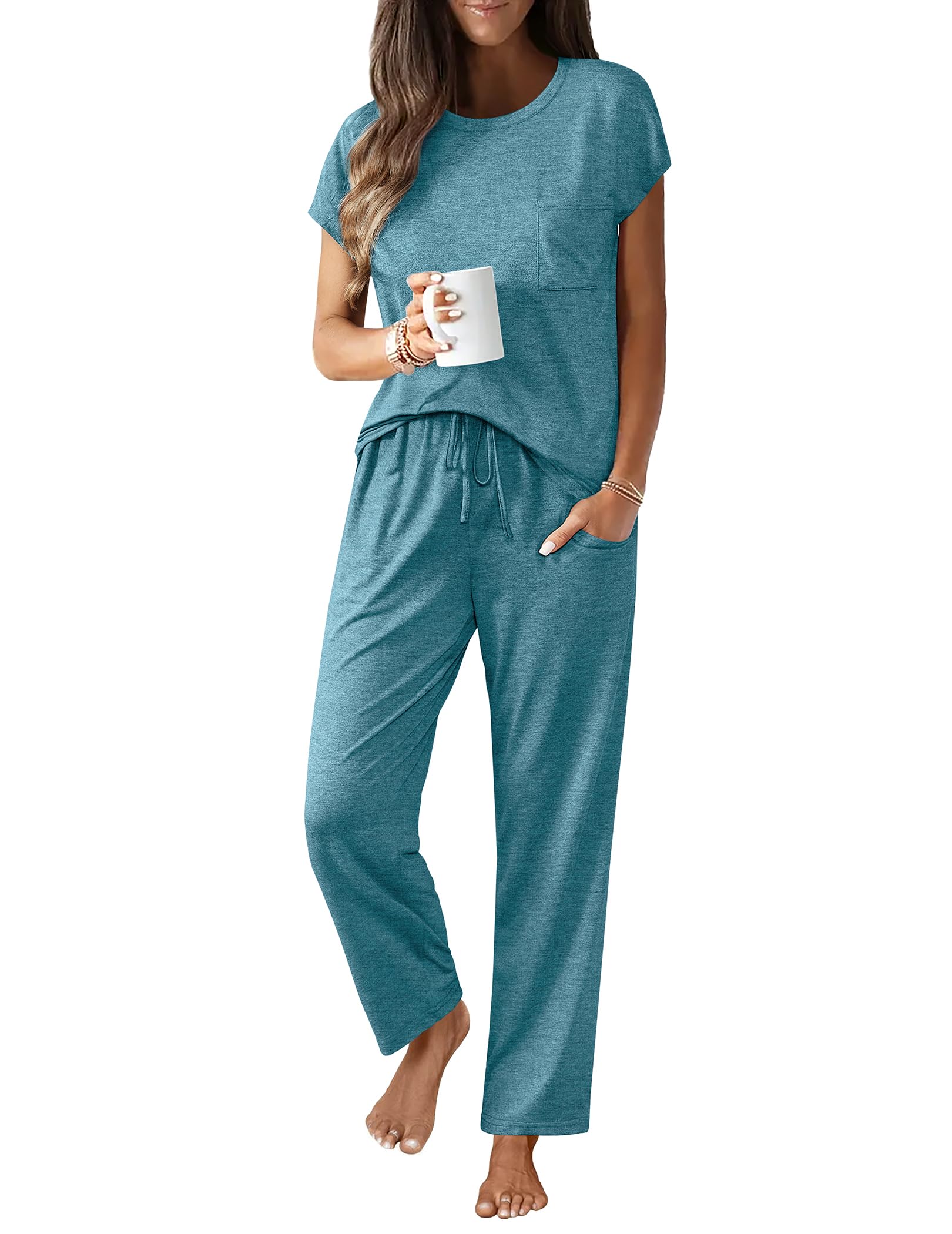 Foto 2 pulgar | Conjunto De Pijama Ekouaer Con Manga Corta, Azul Y Verde Para Mujer - Venta Internacional.