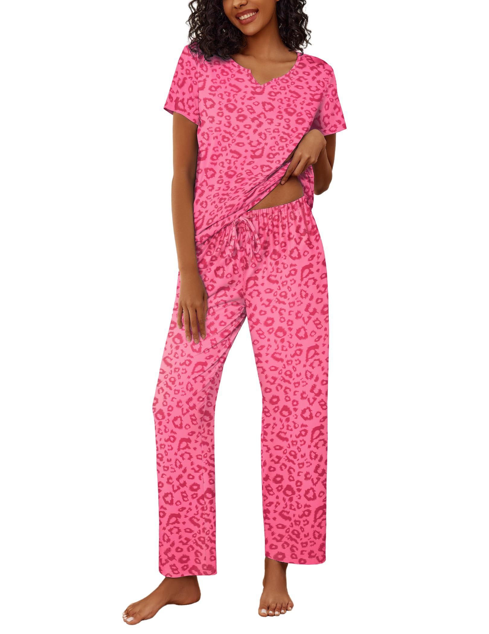 Foto 2 pulgar | Conjunto De Pijama Ekouaer Para Mujer, Manga Corta, Pantalones Largos, Color Rosa - Venta Internacional.