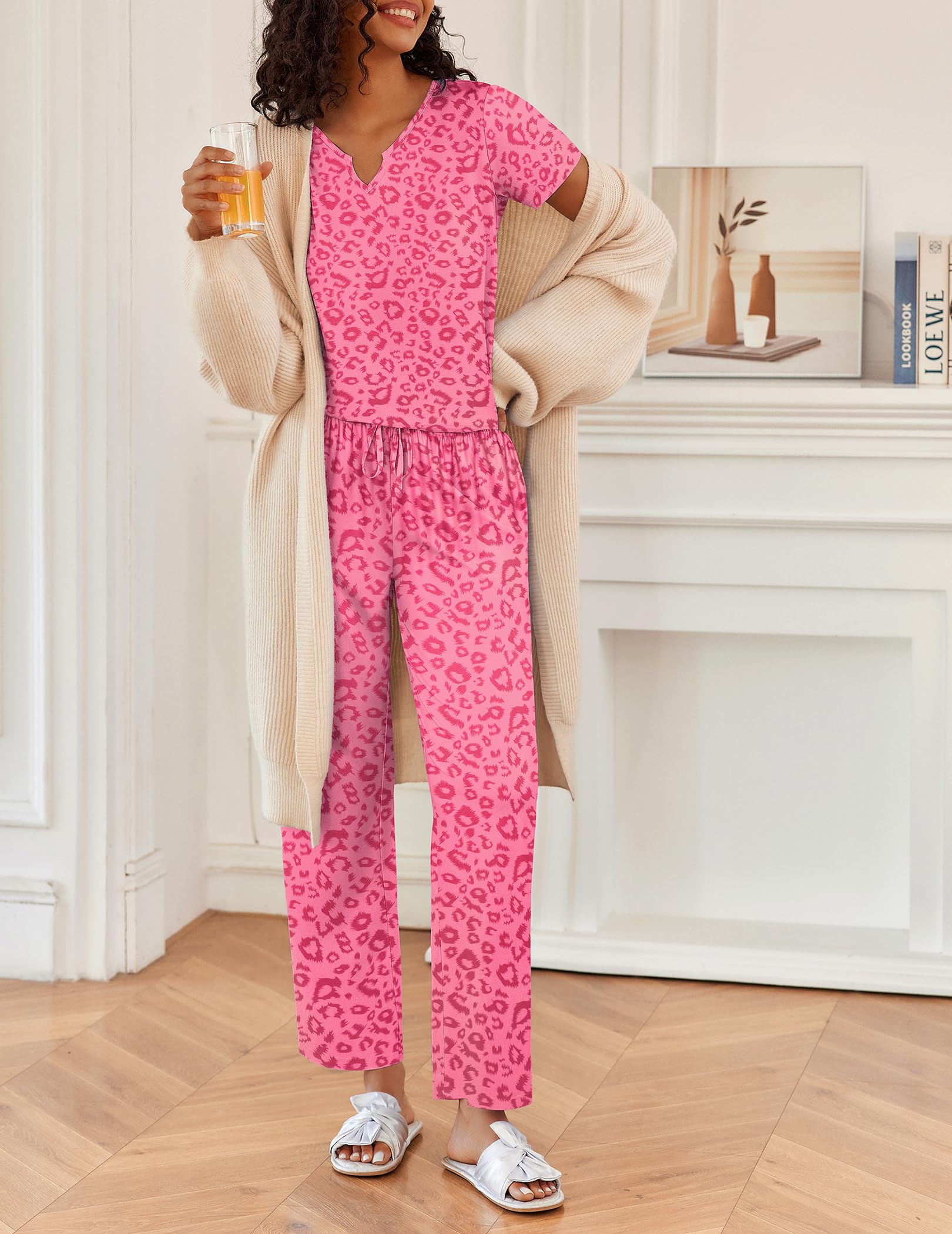 Foto 4 pulgar | Conjunto De Pijama Ekouaer Para Mujer, Manga Corta, Pantalones Largos, Color Rosa - Venta Internacional.