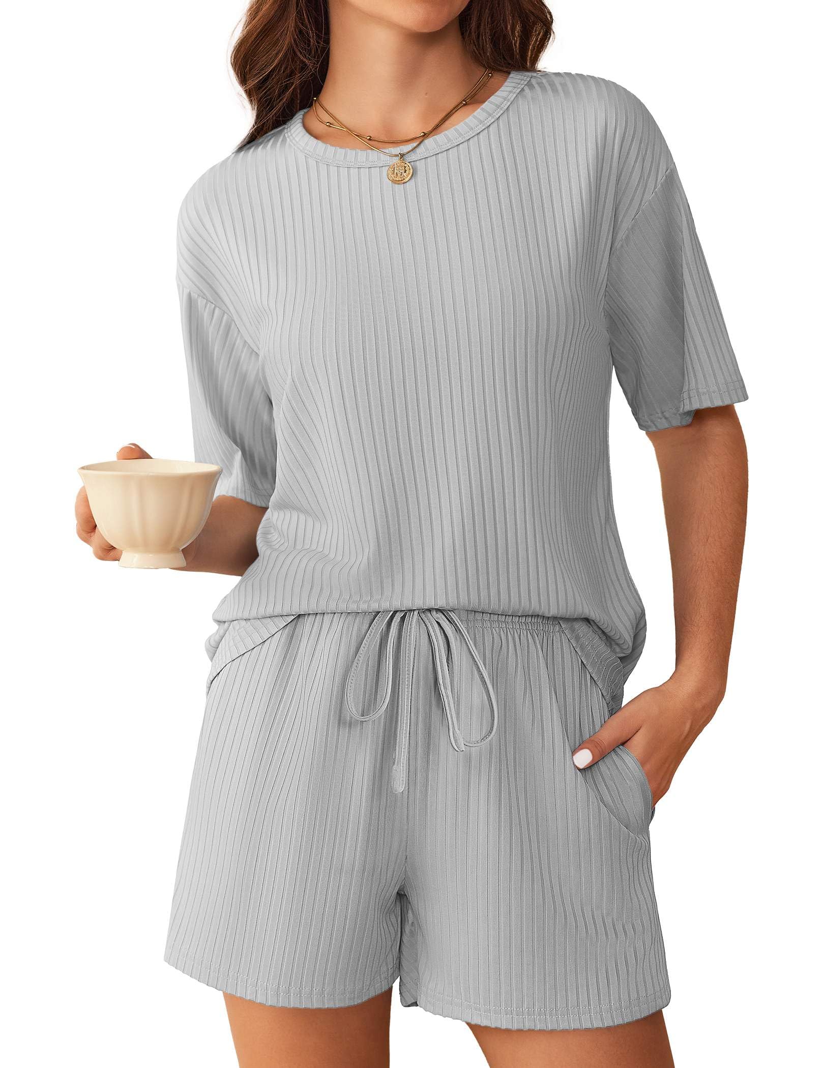 Foto 2 pulgar | Conjunto De Pijama Ekouaer De Punto Acanalado Para Mujer, Gris Claro - Venta Internacional.
