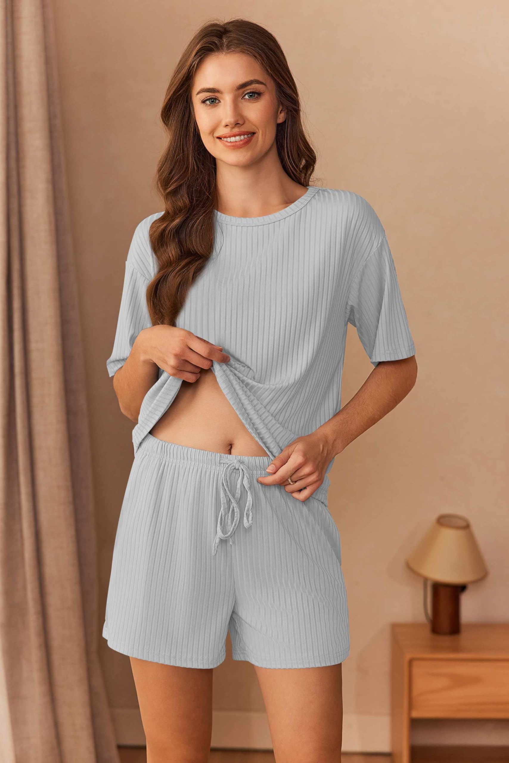 Foto 3 pulgar | Conjunto De Pijama Ekouaer De Punto Acanalado Para Mujer, Gris Claro - Venta Internacional.
