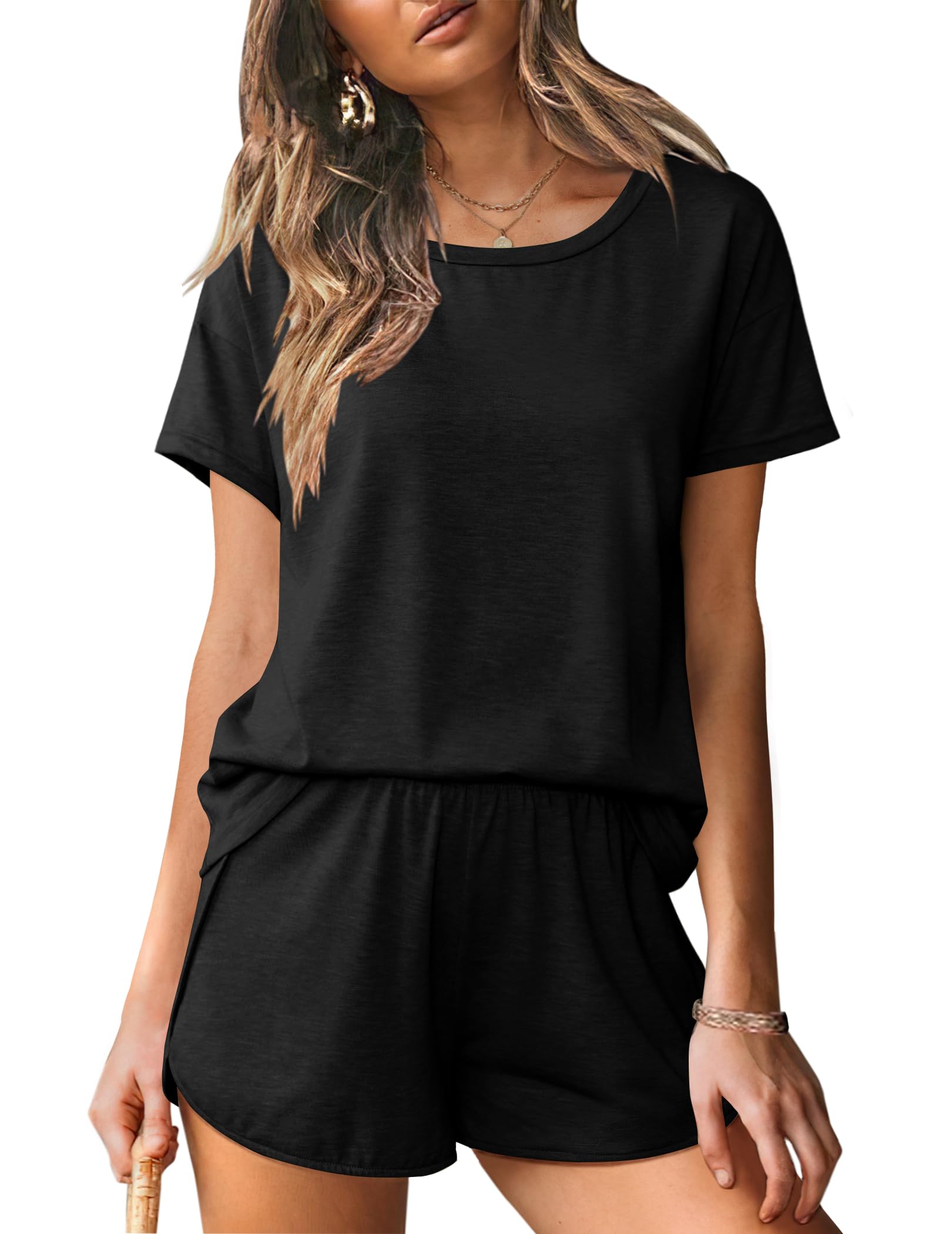 Foto 2 pulgar | Conjunto De Pijama Ekouaer Para Mujer, Cuello Redondo, Manga Corta, Negro - Venta Internacional.
