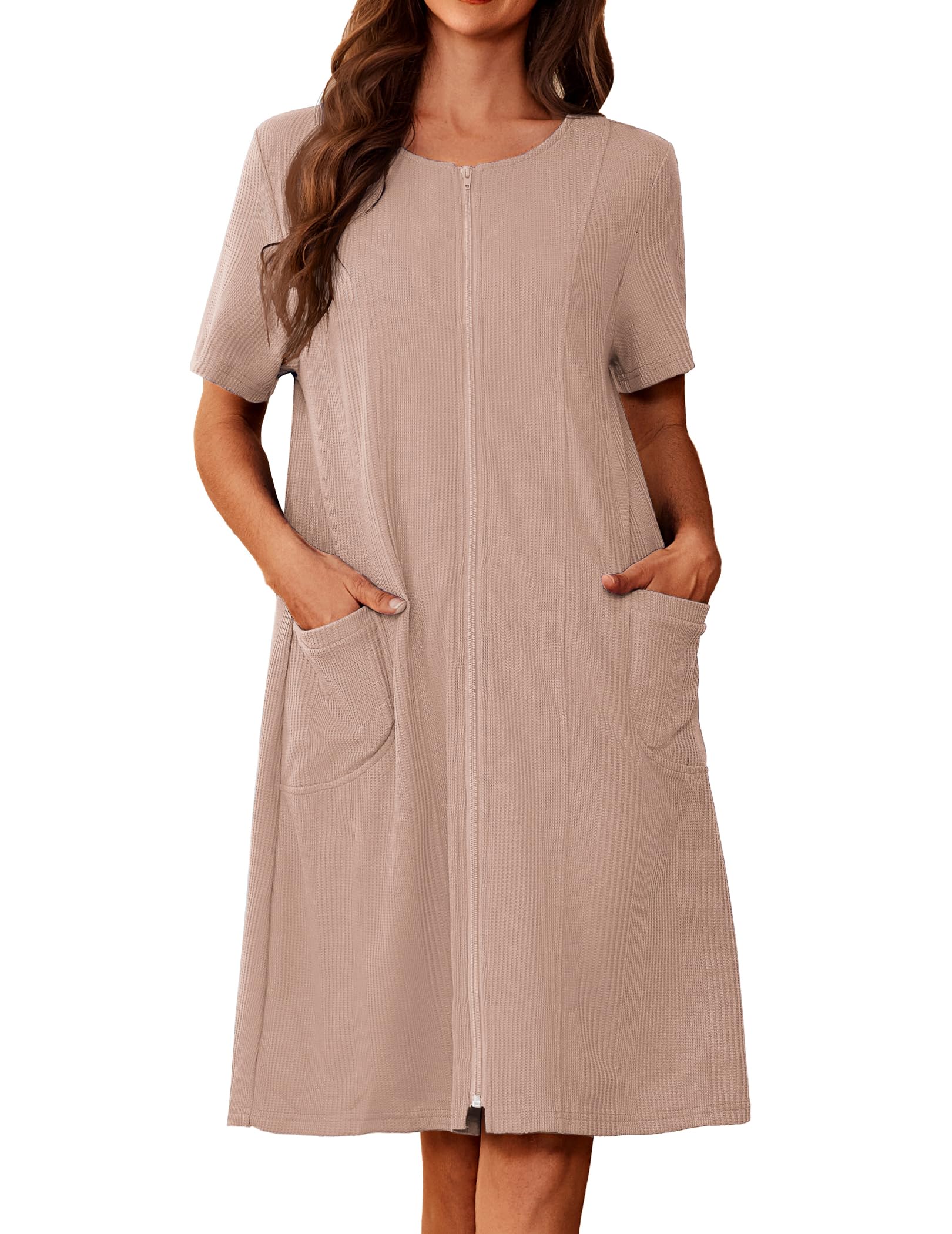 Albornoz Ekouaer De Punto Gofrado Con Cremallera, Manga Corta, Para Mujer - Venta Internacional.