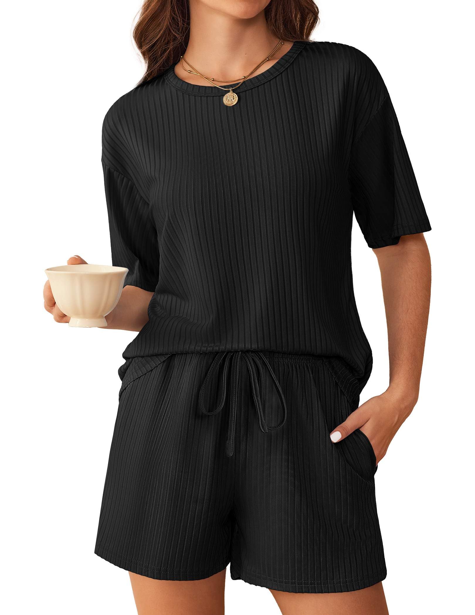 Conjunto De Pijama Ekouaer De Punto Acanalado Para Mujer, Manga Corta, Negro - Venta Internacional. $857