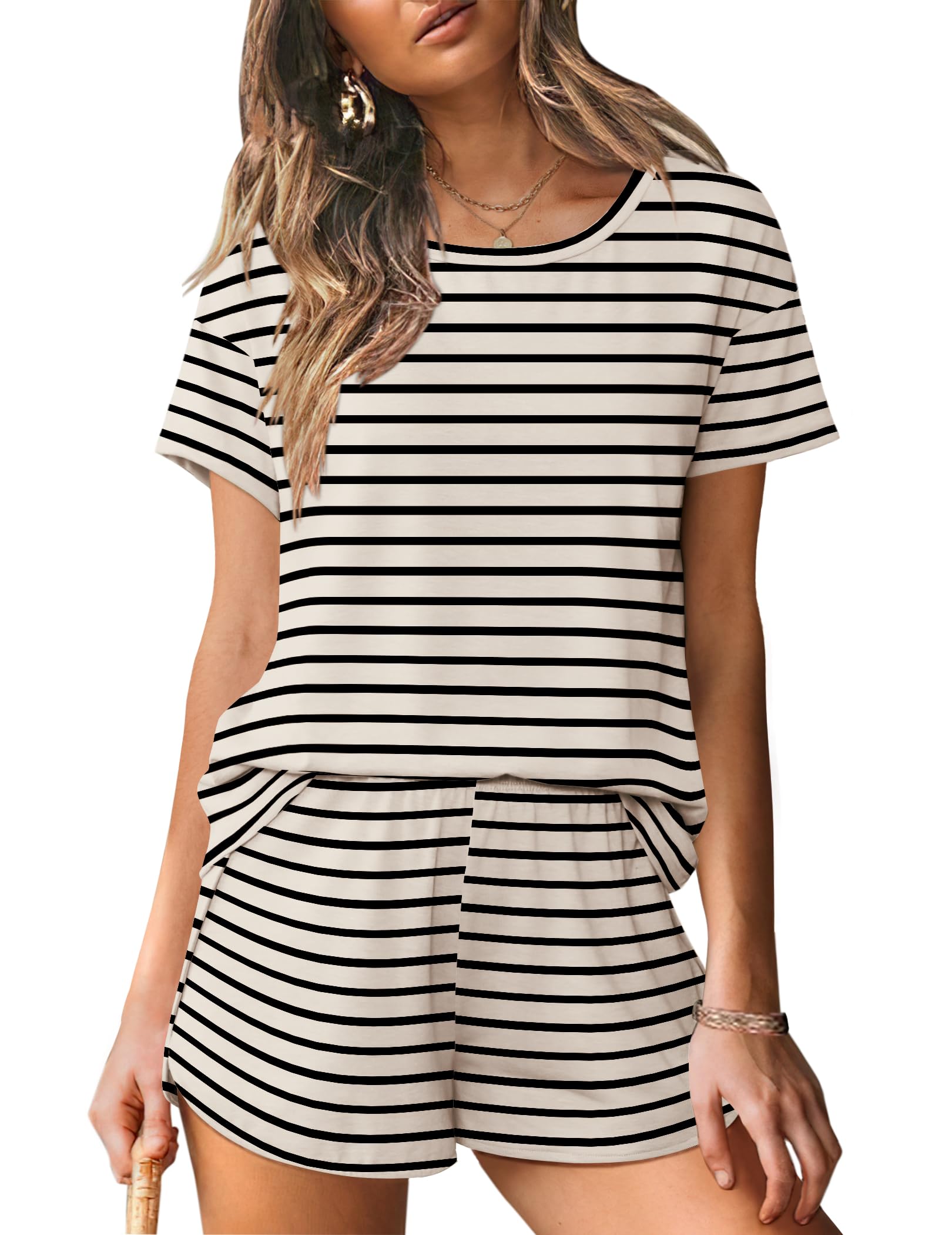 Foto 2 pulgar | Conjunto De Pijama Ekouaer Para Mujer, Cuello Redondo, Manga Corta - Venta Internacional.