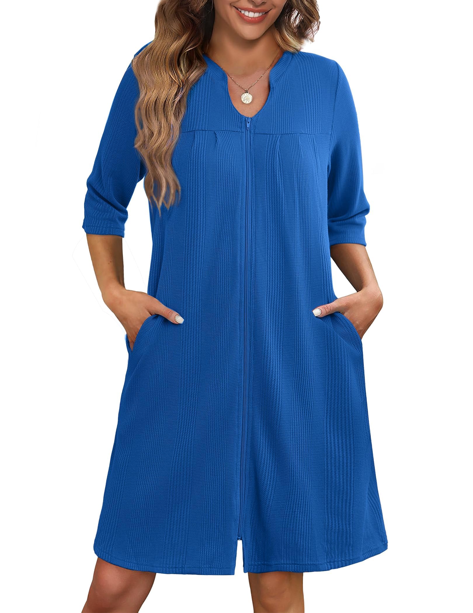Albornoz Ekouaer Tejido Gofrado Con Cremallera Y Manga 3/4 Para Mujer - Venta Internacional.