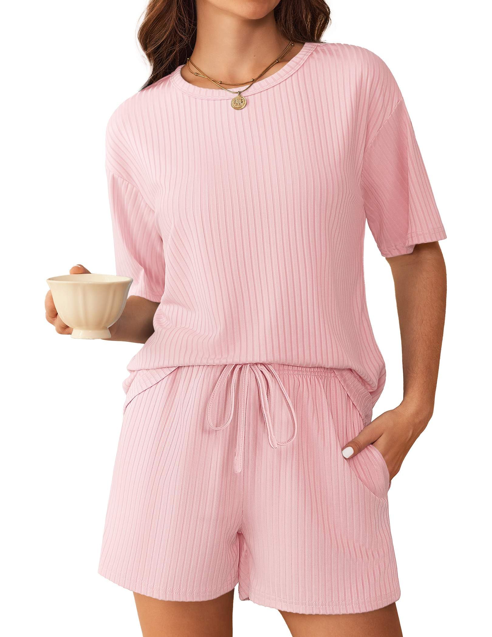 Foto 2 pulgar | Conjunto De Pijama Ekouaer De Punto Acanalado Para Mujer, Manga Corta - Venta Internacional.