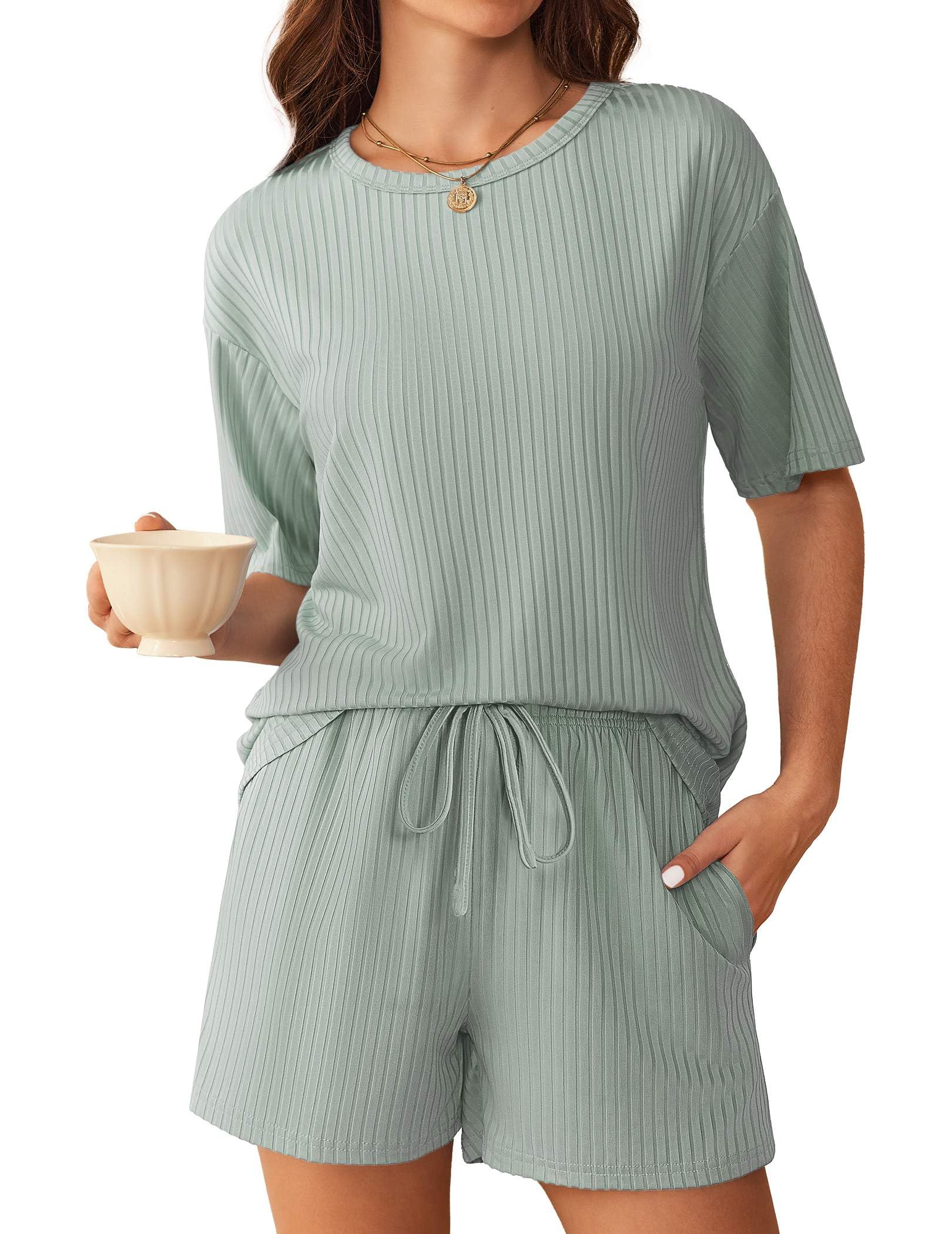 Foto 2 pulgar | Conjunto De Pijama Ekouaer De Punto Acanalado Para Mujer, Color Verde Claro - Venta Internacional.