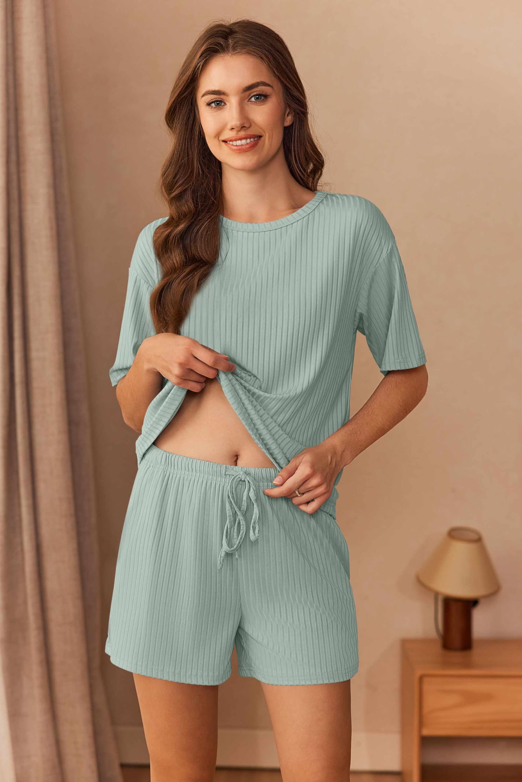 Foto 3 pulgar | Conjunto De Pijama Ekouaer De Punto Acanalado Para Mujer, Color Verde Claro - Venta Internacional.