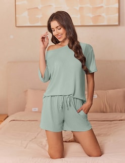 Foto 3 | Conjunto De Pijama Ekouaer De Punto Acanalado Para Mujer, Color Verde Claro - Venta Internacional.