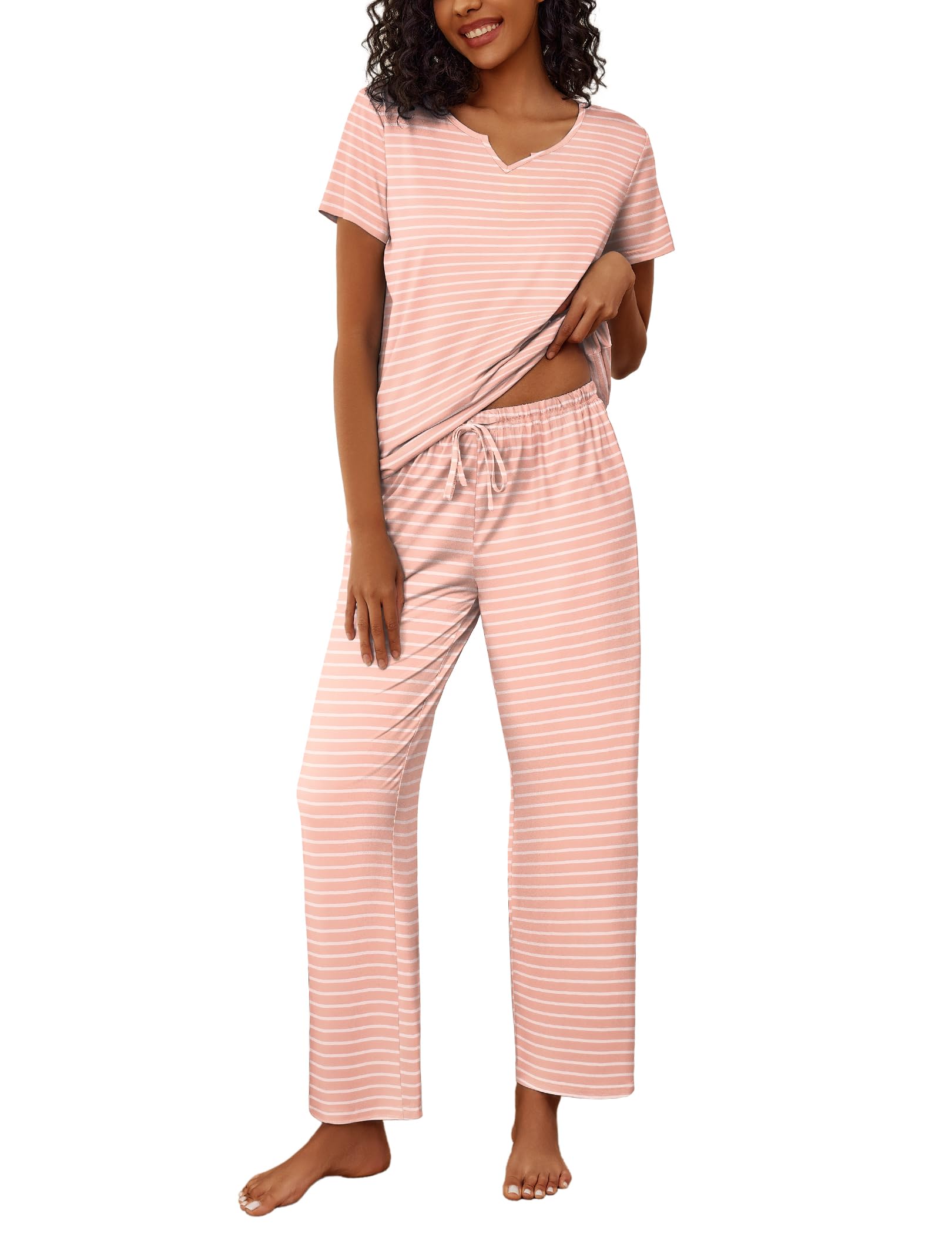 Foto 2 pulgar | Conjunto De Pijama Ekouaer Para Mujer, Manga Corta, Pantalones Largos, Color Rosa L - Venta Internacional.