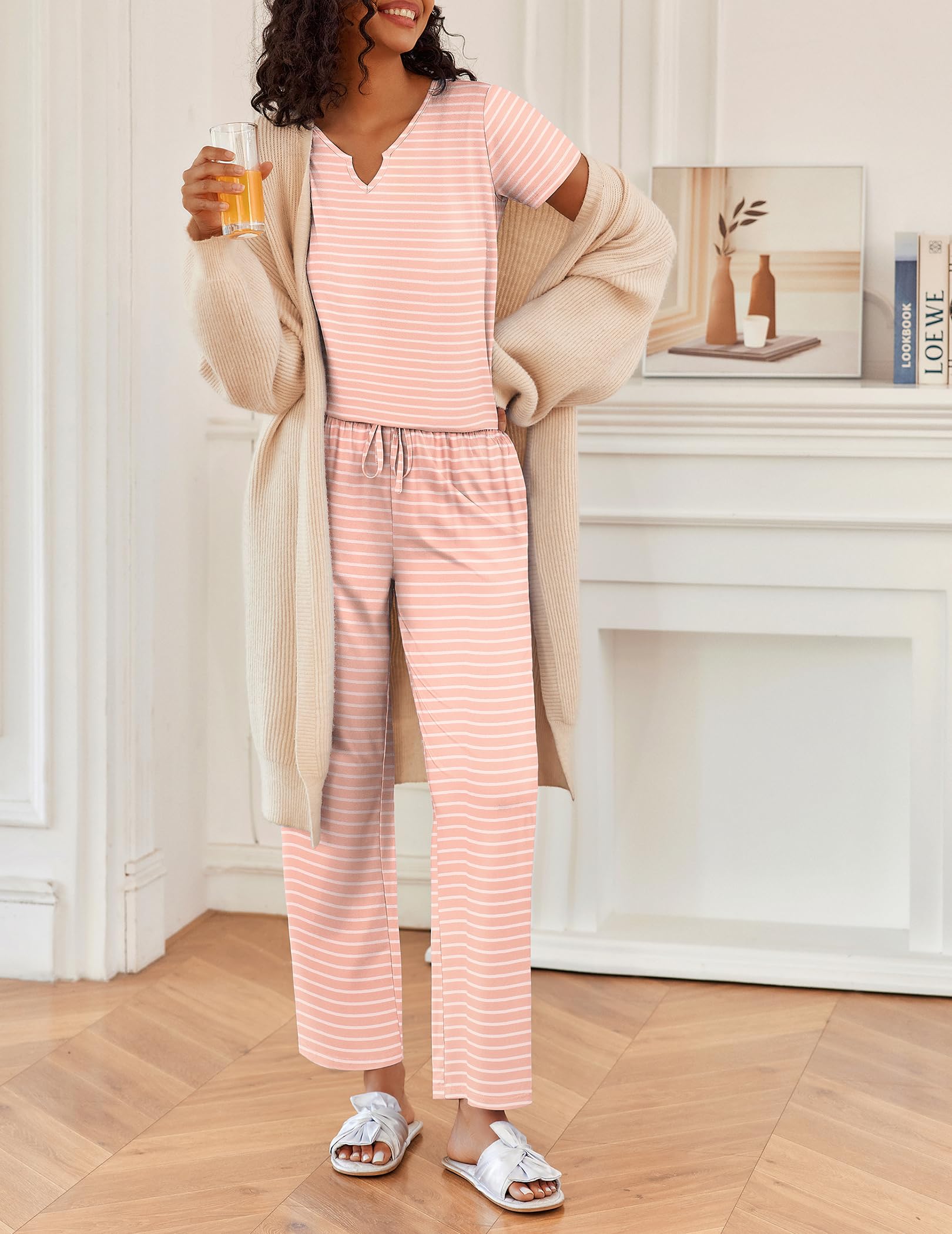 Foto 4 pulgar | Conjunto De Pijama Ekouaer Para Mujer, Manga Corta, Pantalones Largos, Color Rosa L - Venta Internacional.