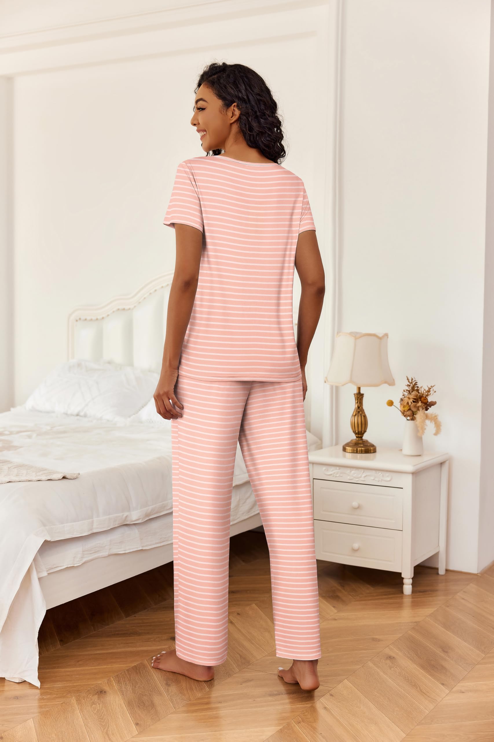 Foto 5 pulgar | Conjunto De Pijama Ekouaer Para Mujer, Manga Corta, Pantalones Largos, Color Rosa L - Venta Internacional.