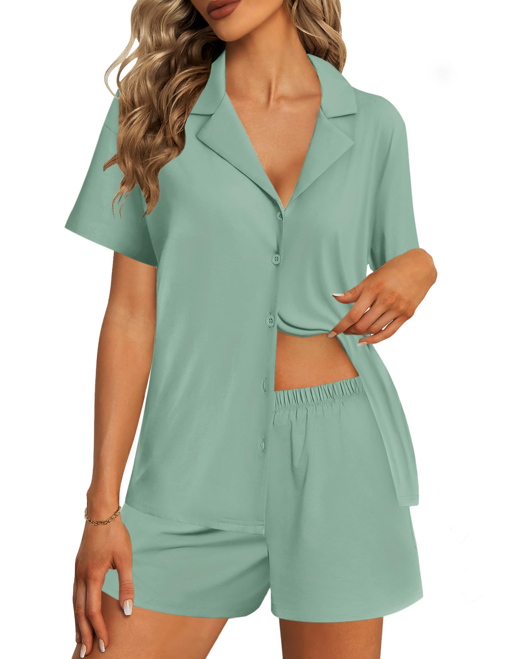 Foto 2 pulgar | Conjunto De Pijama Ekouaer Para Mujer, Algodón, Manga Corta, Color Verde Claro, Talla S - Venta Internacional.