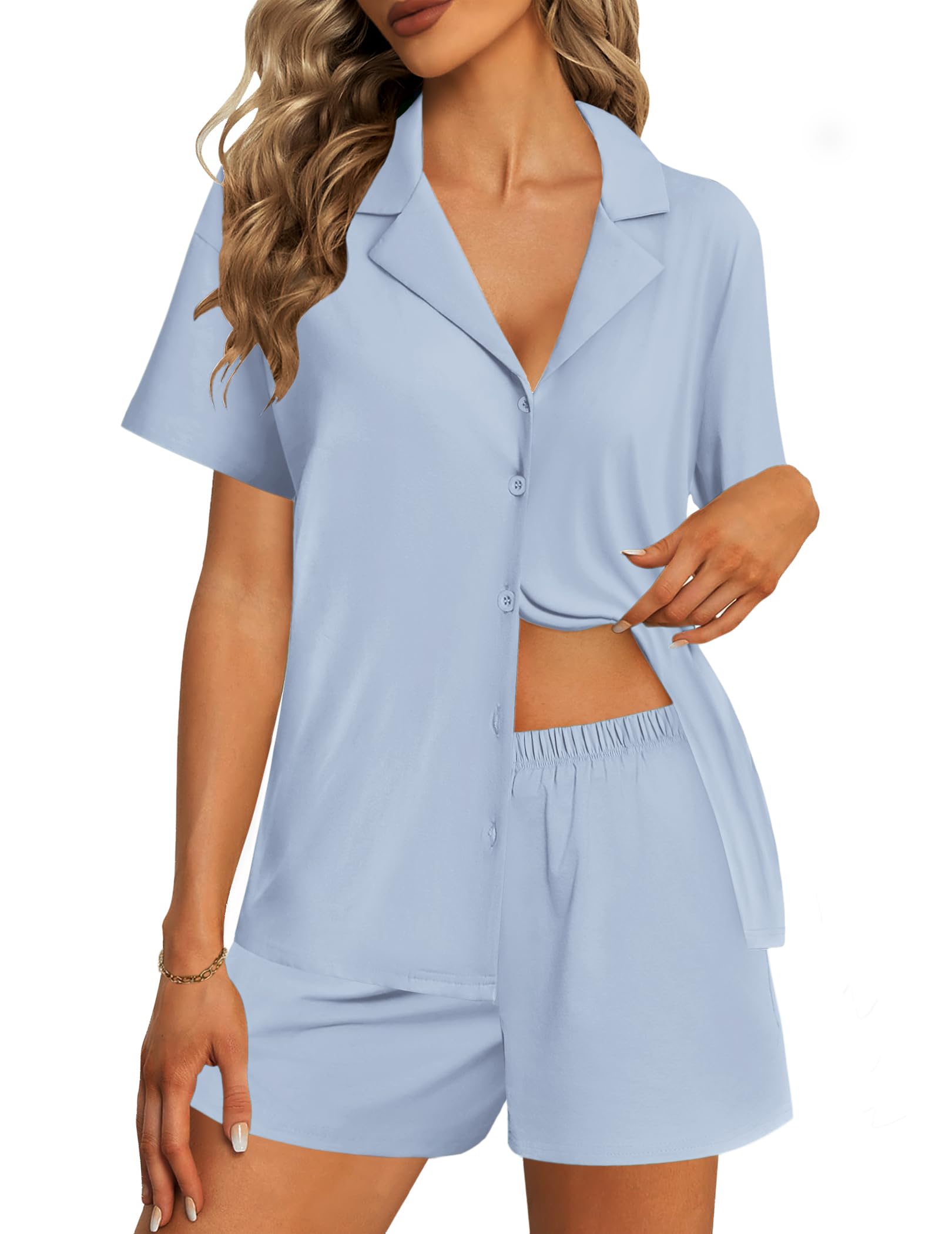 Foto 2 pulgar | Conjunto De Pijama Ekouaer Para Mujer, Algodón, Manga Corta, Color Azul Claro - Venta Internacional.