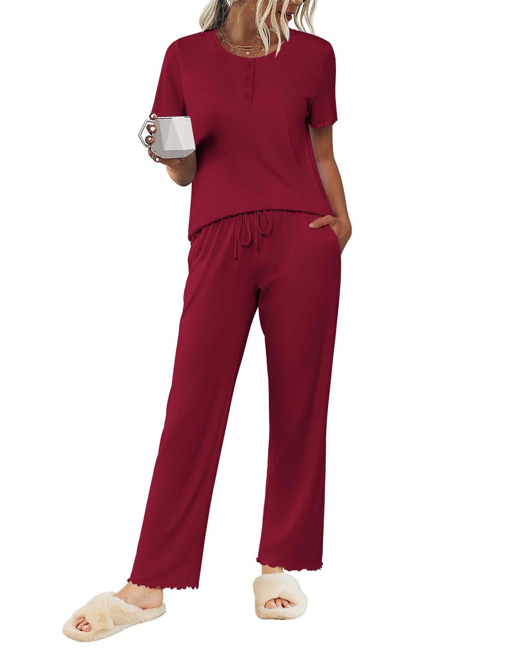 Foto 2 pulgar | Conjunto De Pijama Ekouaer Para Mujer De Manga Corta Con Botones, Color Rojo Vino - Venta Internacional.