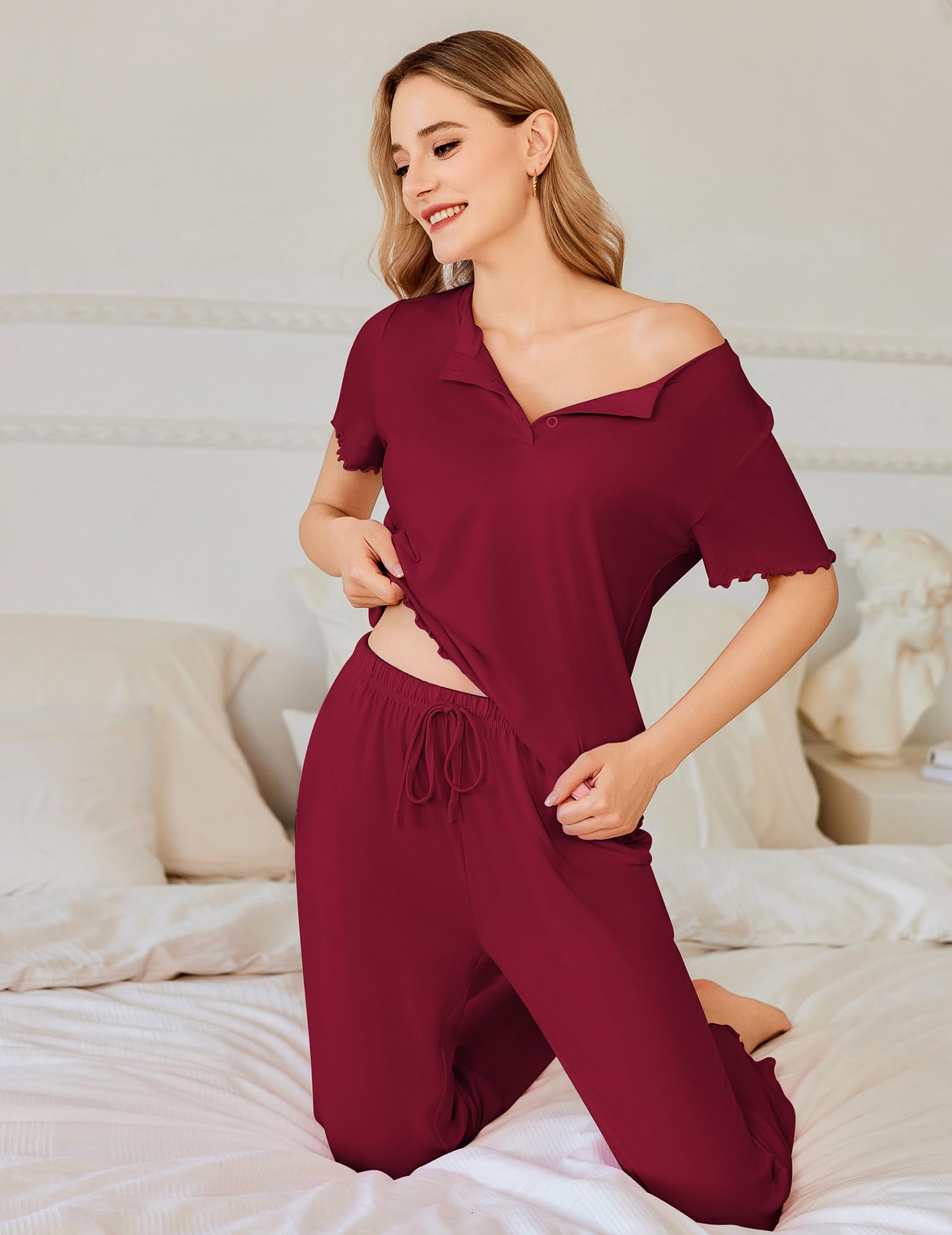 Foto 3 pulgar | Conjunto De Pijama Ekouaer Para Mujer De Manga Corta Con Botones, Color Rojo Vino - Venta Internacional.