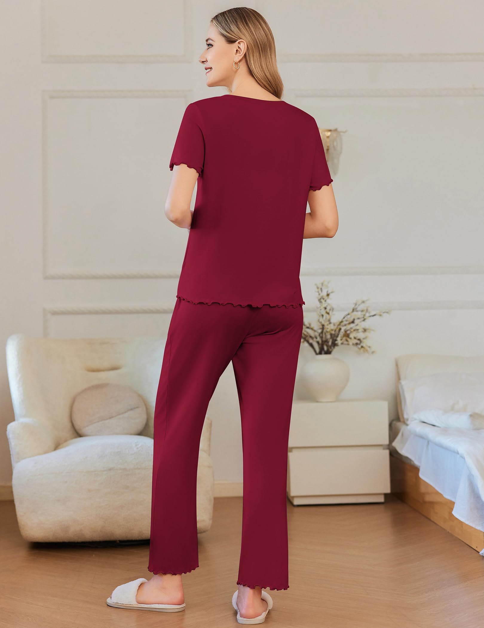 Foto 4 pulgar | Conjunto De Pijama Ekouaer Para Mujer De Manga Corta Con Botones, Color Rojo Vino - Venta Internacional.