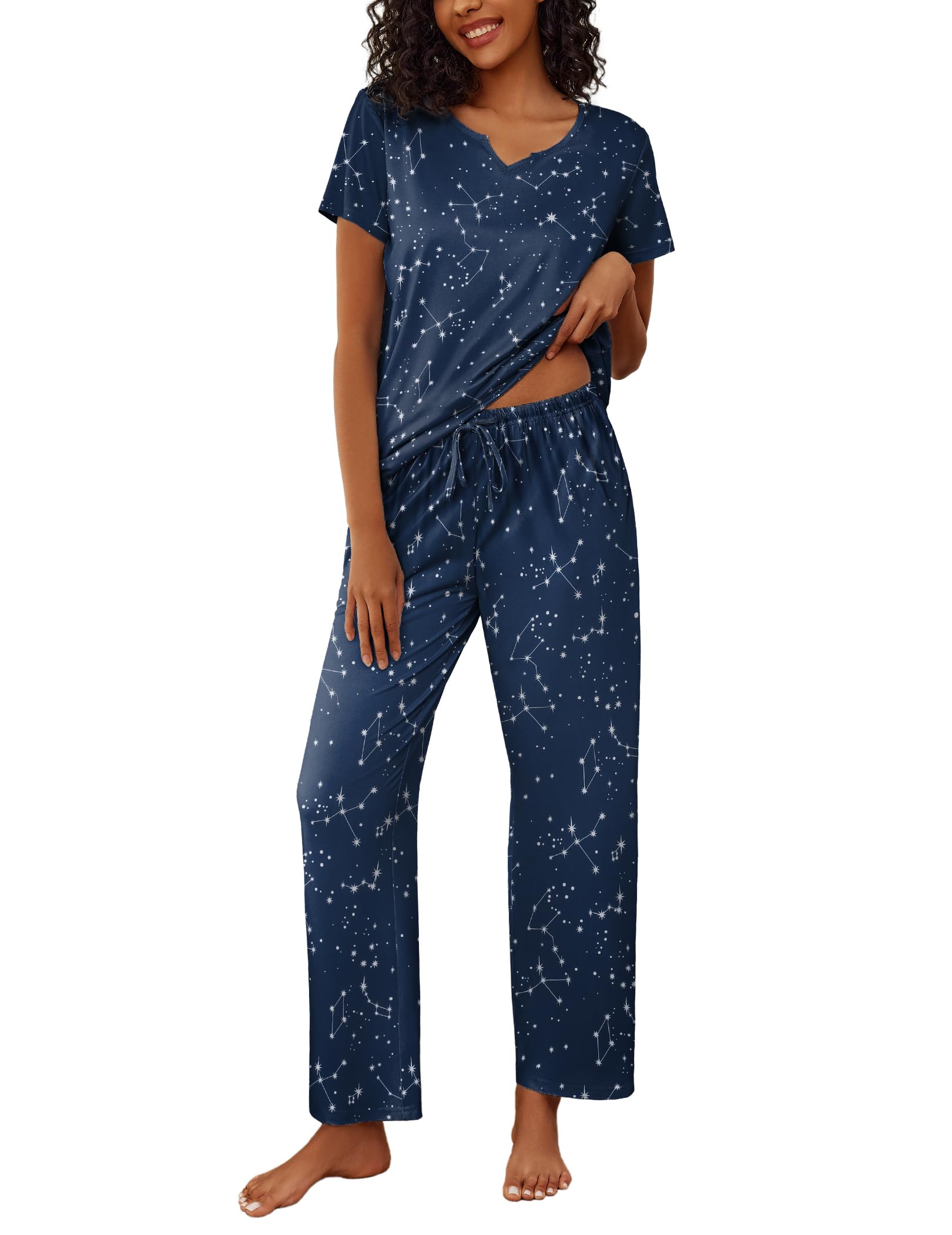 Foto 2 pulgar | Conjunto De Pijama Ekouaer Para Mujer, Manga Corta, Pantalones Largos, Azul - Venta Internacional.
