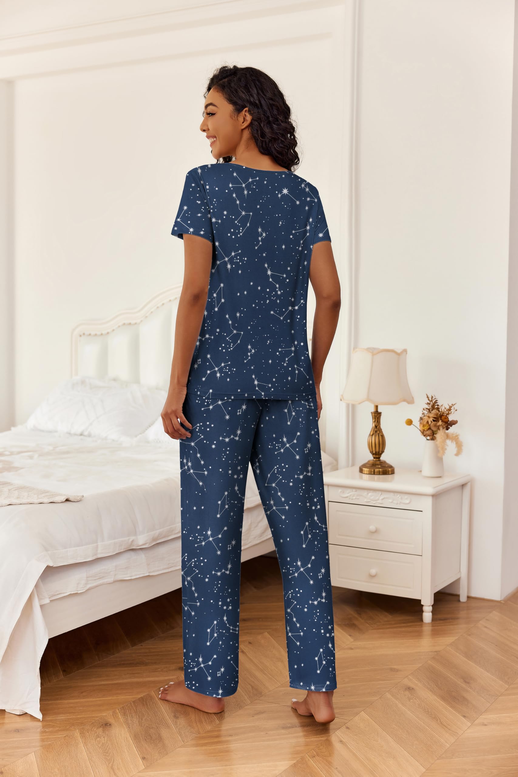 Foto 5 pulgar | Conjunto De Pijama Ekouaer Para Mujer, Manga Corta, Pantalones Largos, Azul - Venta Internacional.