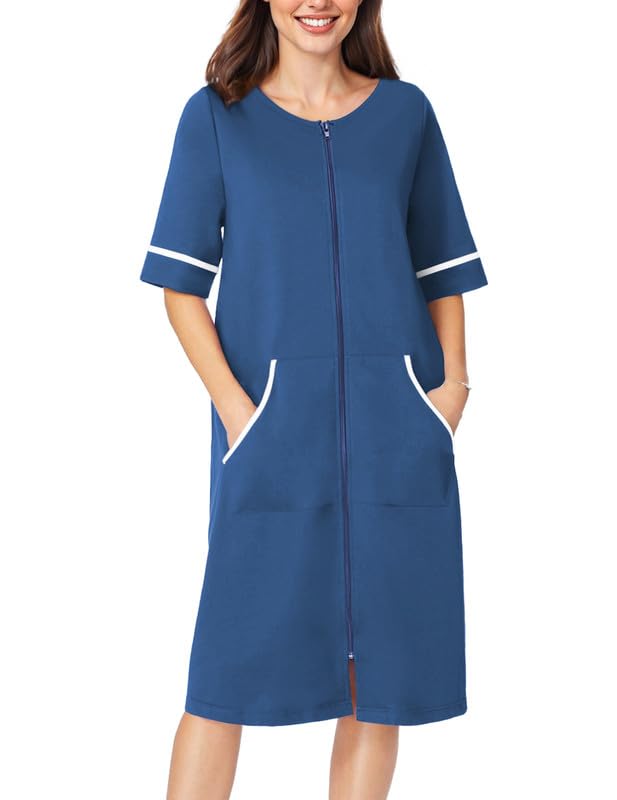 Plumero Robe Ekouaer Para Mujer, Manga Corta, Con Cremallera, Azul Marino - Venta Internacional.