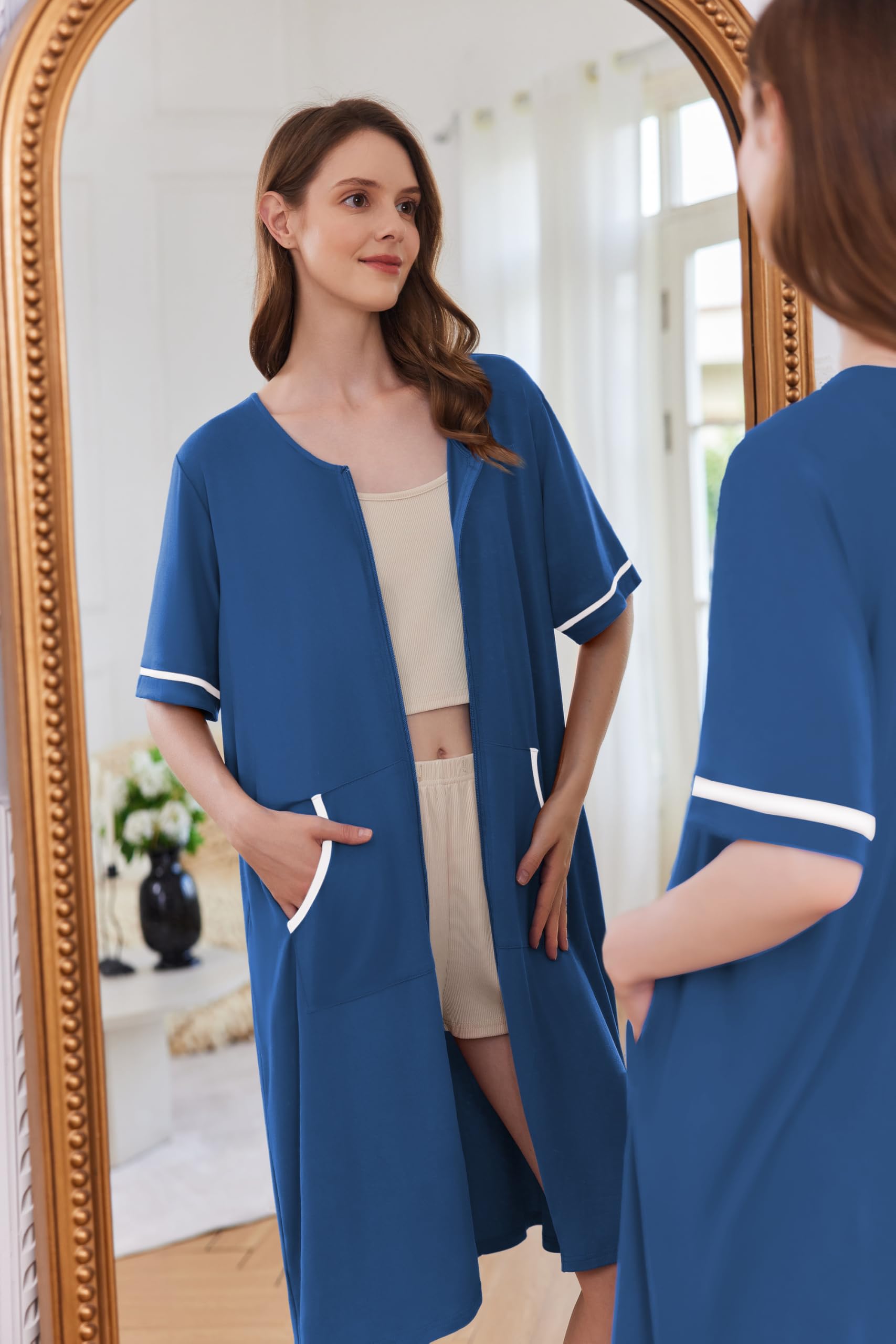 Foto 4 pulgar | Plumero Robe Ekouaer Para Mujer, Manga Corta, Con Cremallera, Azul Marino - Venta Internacional.