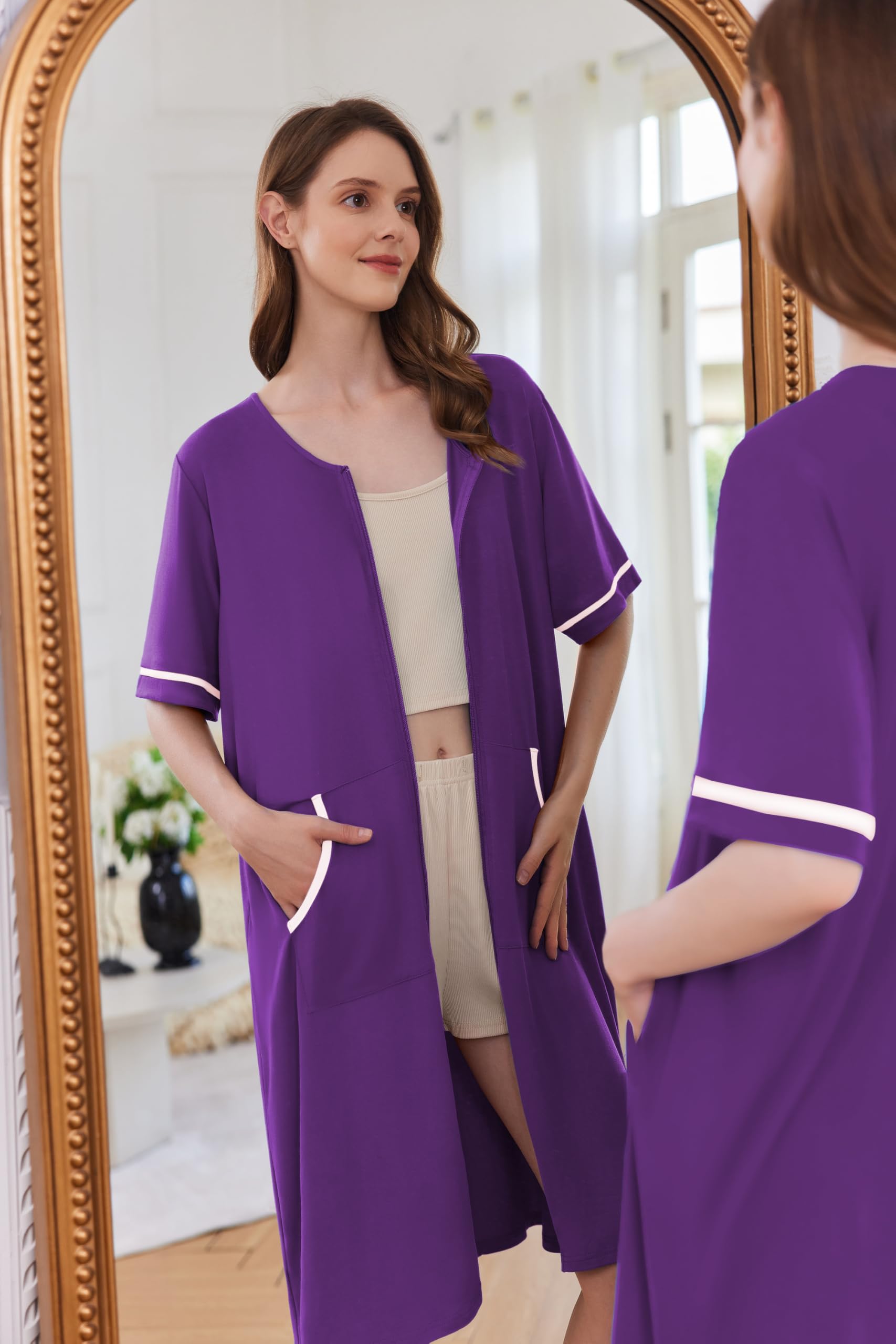 Foto 4 pulgar | Albornoz Ekouaer Para Mujer, Manga Corta, Cierre, Talla M, Color Morado - Venta Internacional.