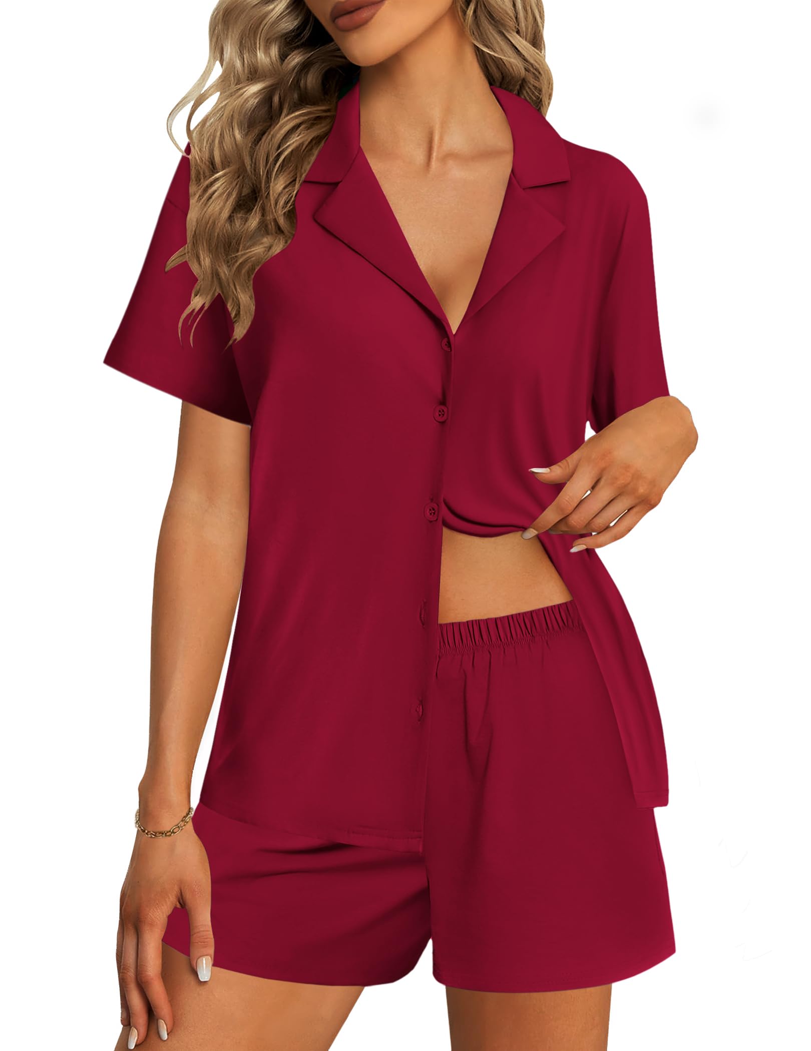 Foto 2 pulgar | Conjunto De Pijama Ekouaer Para Mujer, Algodón, Manga Corta, Color Rojo Vino - Venta Internacional.