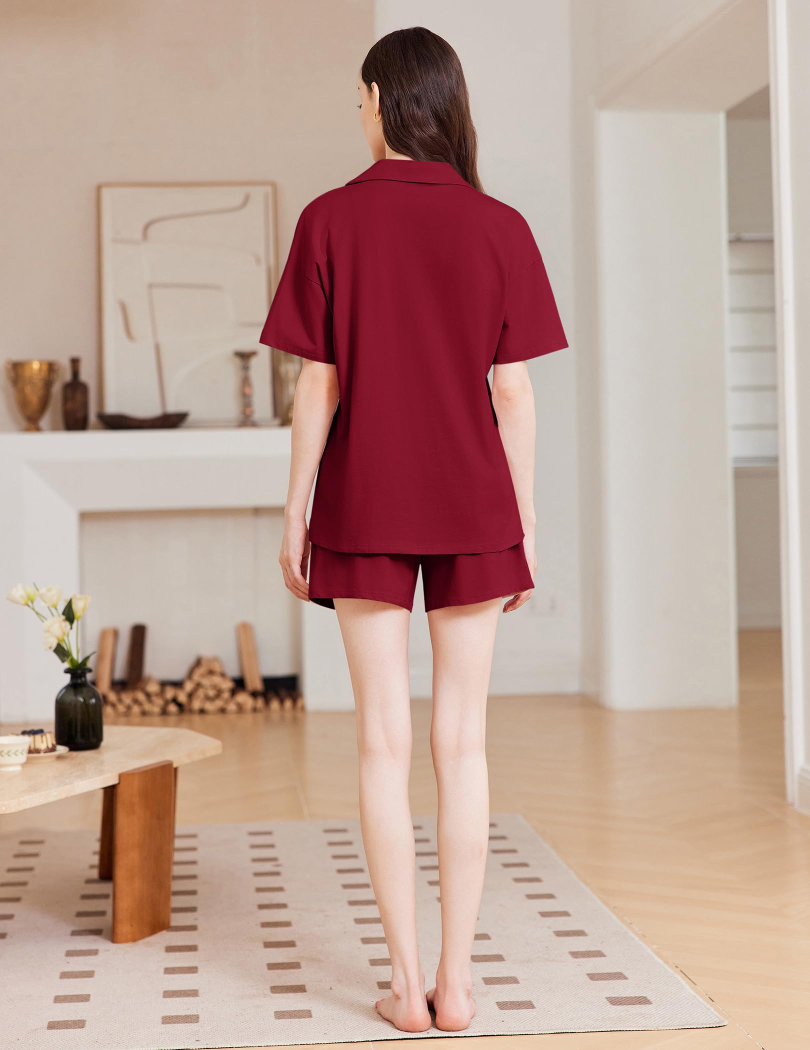 Foto 6 pulgar | Conjunto De Pijama Ekouaer Para Mujer, Algodón, Manga Corta, Color Rojo Vino - Venta Internacional.