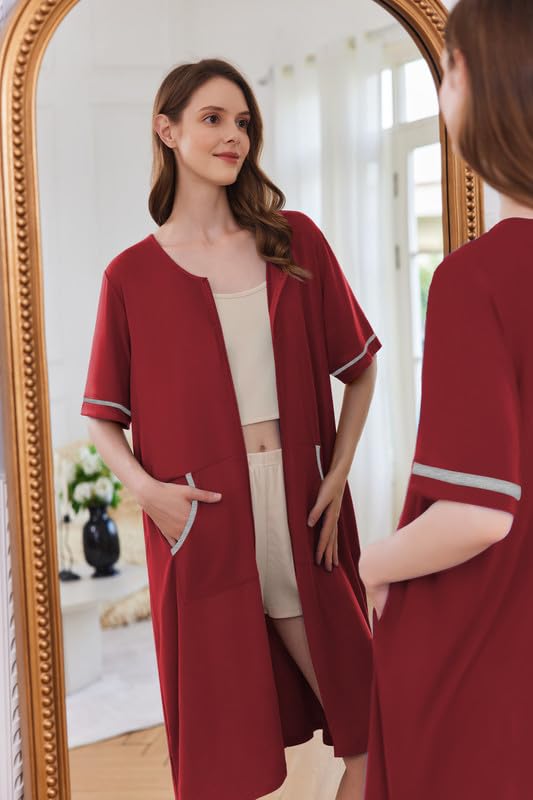 Foto 4 pulgar | Albornoz Ekouaer Para Mujer, Manga Corta, Cierre, Color Rojo Vino - Venta Internacional.