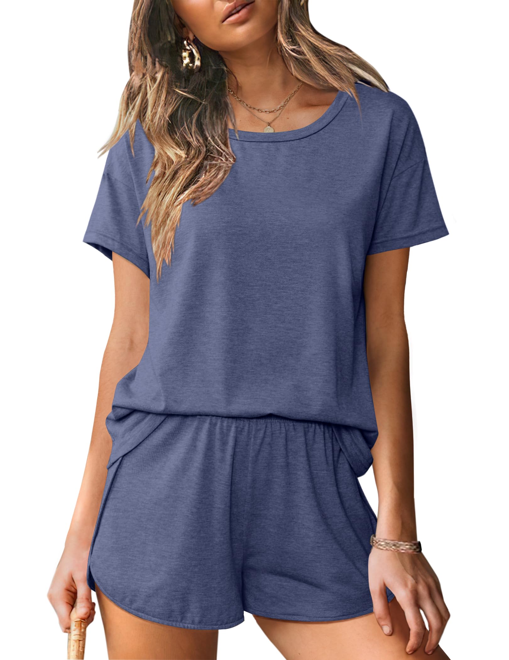Foto 2 pulgar | Conjunto De Pijama Ekouaer Para Mujer, Cuello Redondo, Manga Corta - Venta Internacional.