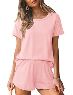 Foto 1 | Conjunto De Pijama Ekouaer Para Mujer, Cuello Redondo Y Manga Corta, Color Rosa - Venta Internacional.