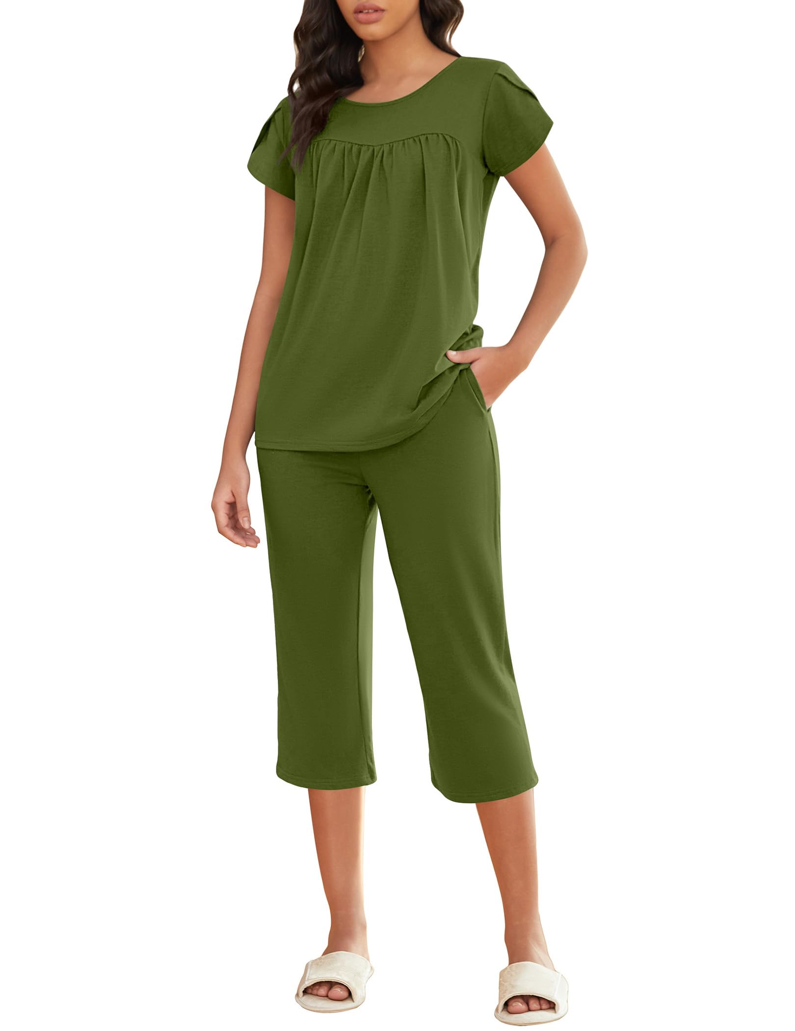Conjunto De Pijama Ekouaer Capri De Algodón De Manga Corta Con Bolsillos - Venta Internacional.