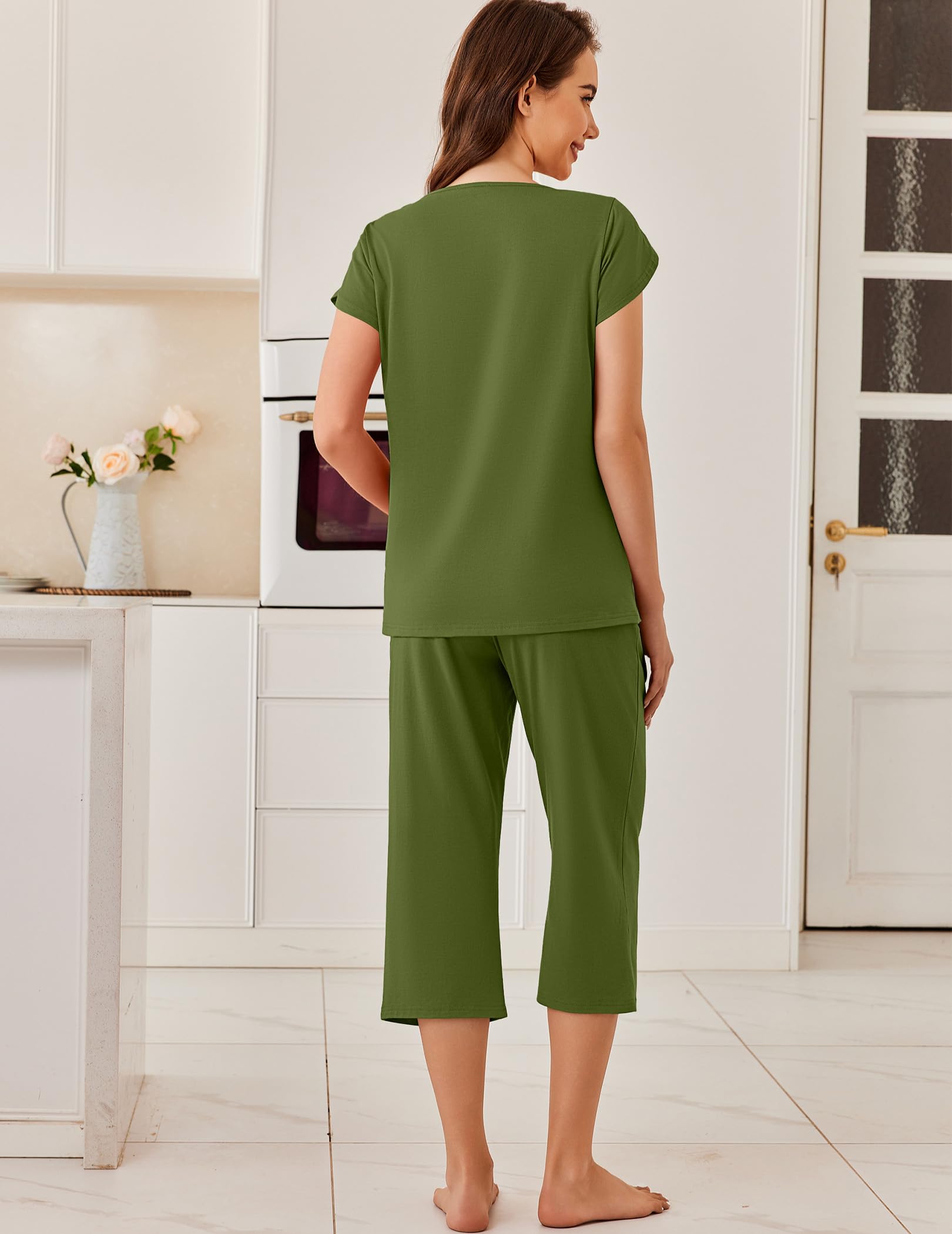 Foto 4 pulgar | Conjunto De Pijama Ekouaer Capri De Algodón De Manga Corta Con Bolsillos - Venta Internacional.