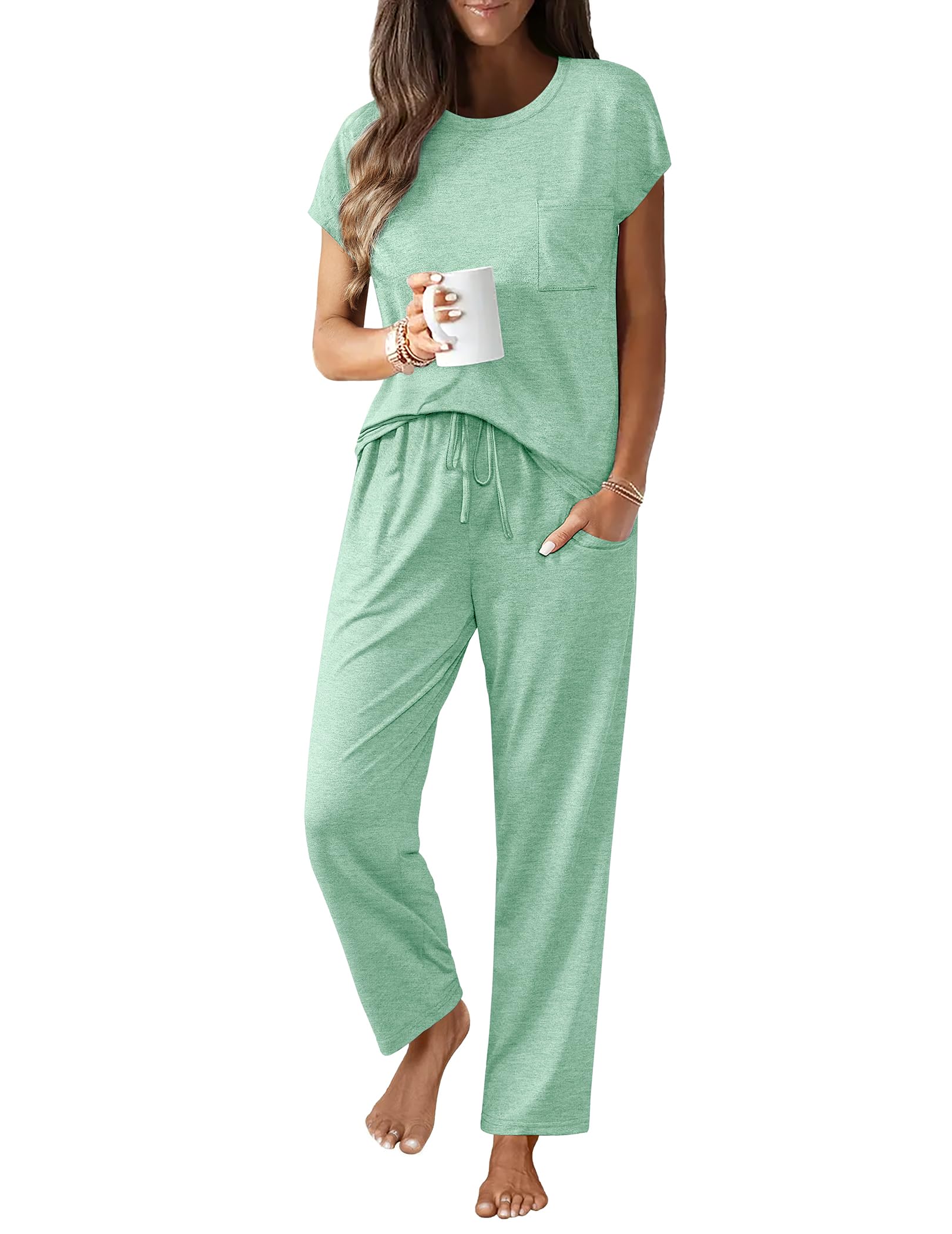 Foto 1 | Conjunto De Pijama Ekouaer De Manga Corta Con Bolsillos, Color Verde M - Venta Internacional.