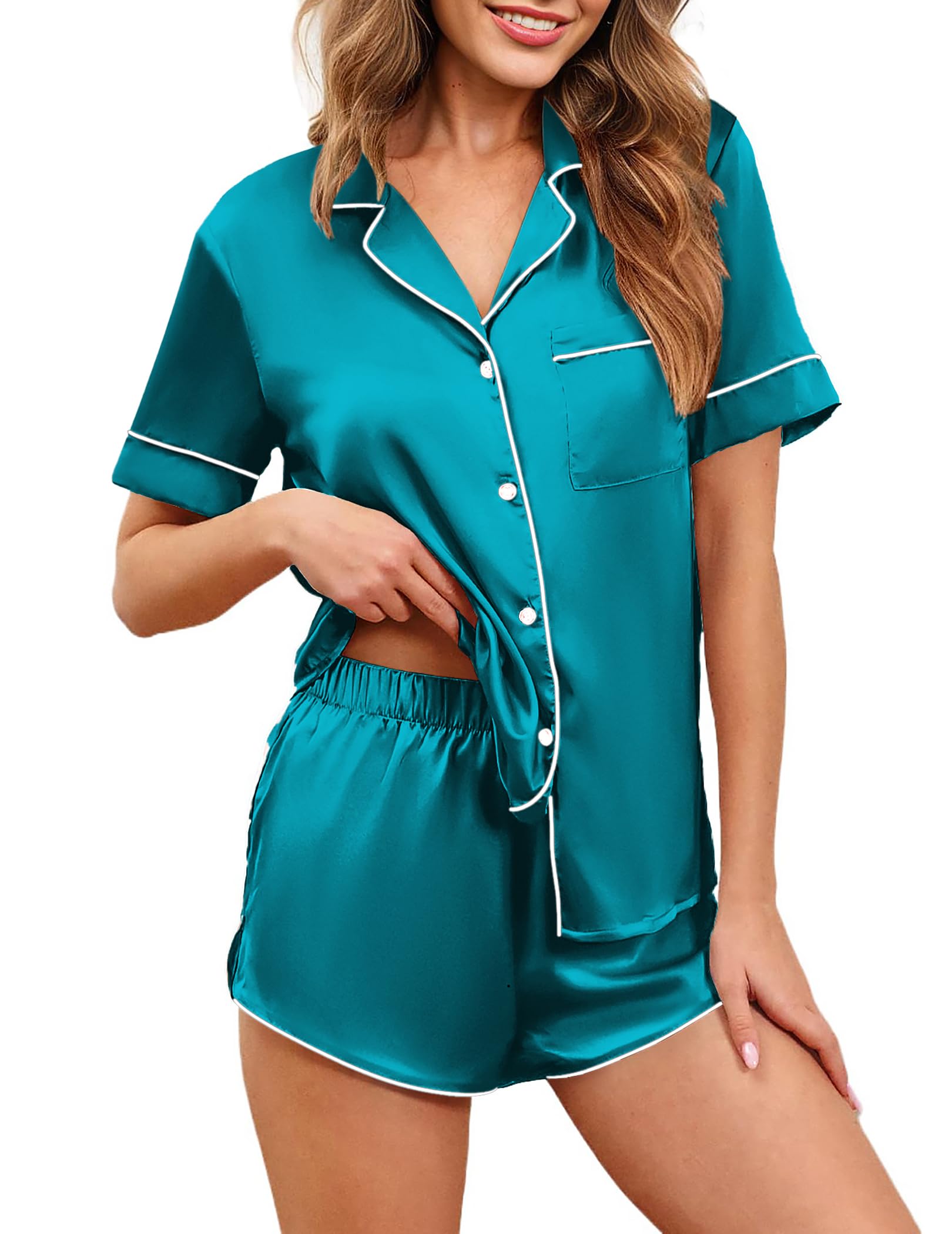 Conjunto de Pijama Ekouaer de Satén de Seda para Mujer Manga Corta Azul - Venta Internacional