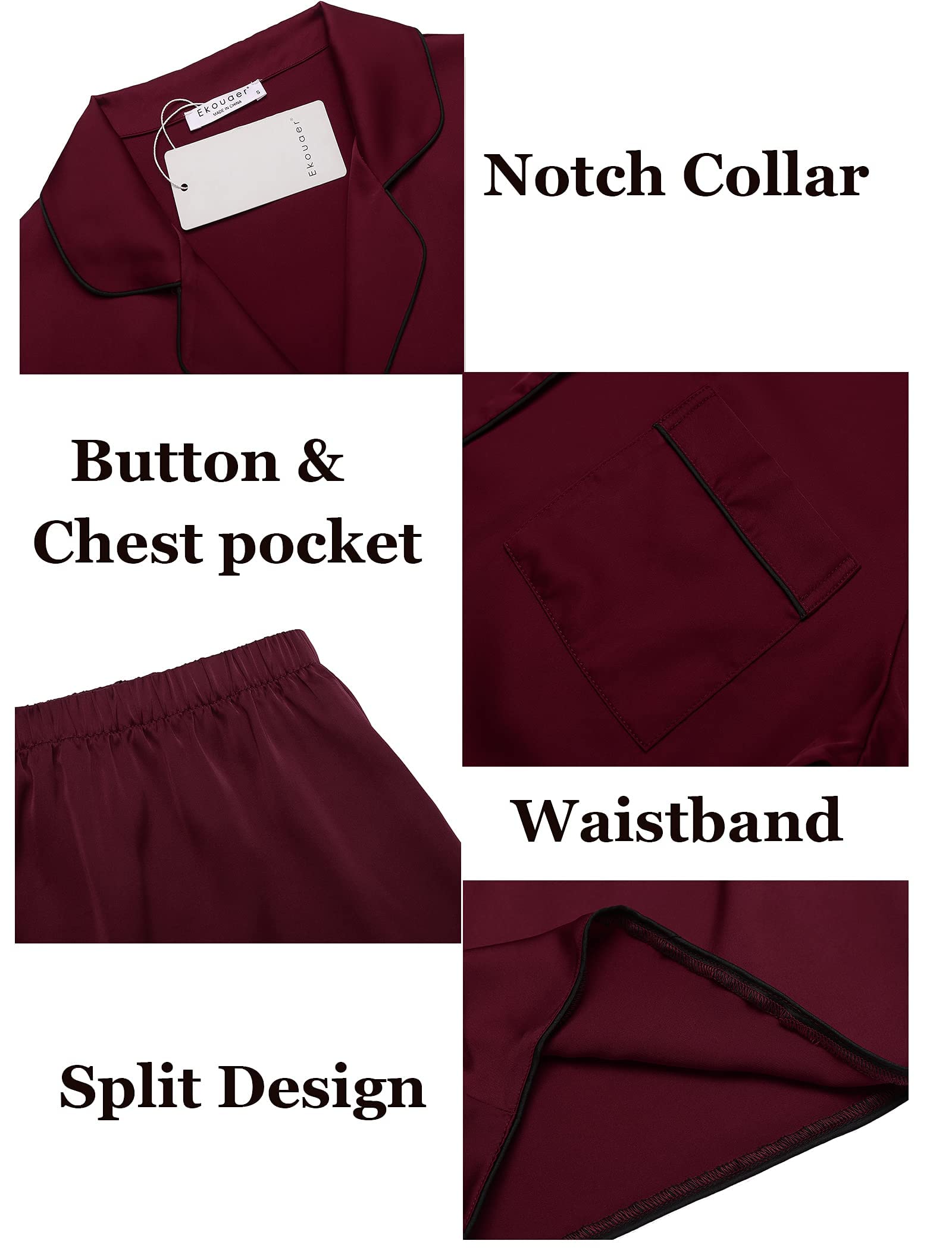 Foto 7 pulgar | Conjunto De Pijama Ekouaer De Satén De Seda Para Mujer, Color Rojo Vino, Xxl - Venta Internacional.