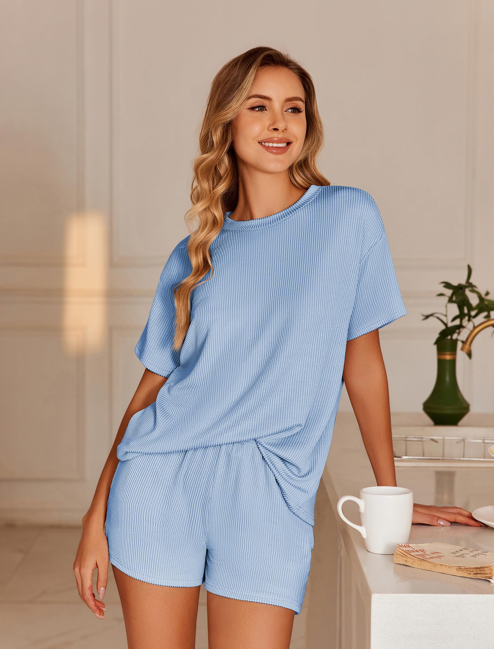 Foto 4 pulgar | Conjunto De Pijama Ekouaer De Manga Corta Lounge De 2 Piezas Azul Cielo - Venta Internacional.
