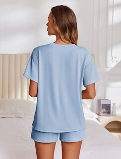 Foto 4 | Conjunto De Pijama Ekouaer De Manga Corta Lounge De 2 Piezas Azul Cielo - Venta Internacional.