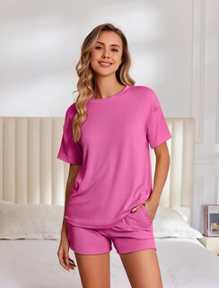 Foto 2 | Conjunto De Pijama Ekouaer De Manga Corta Para Mujer, Color Rosa Intenso - Venta Internacional.